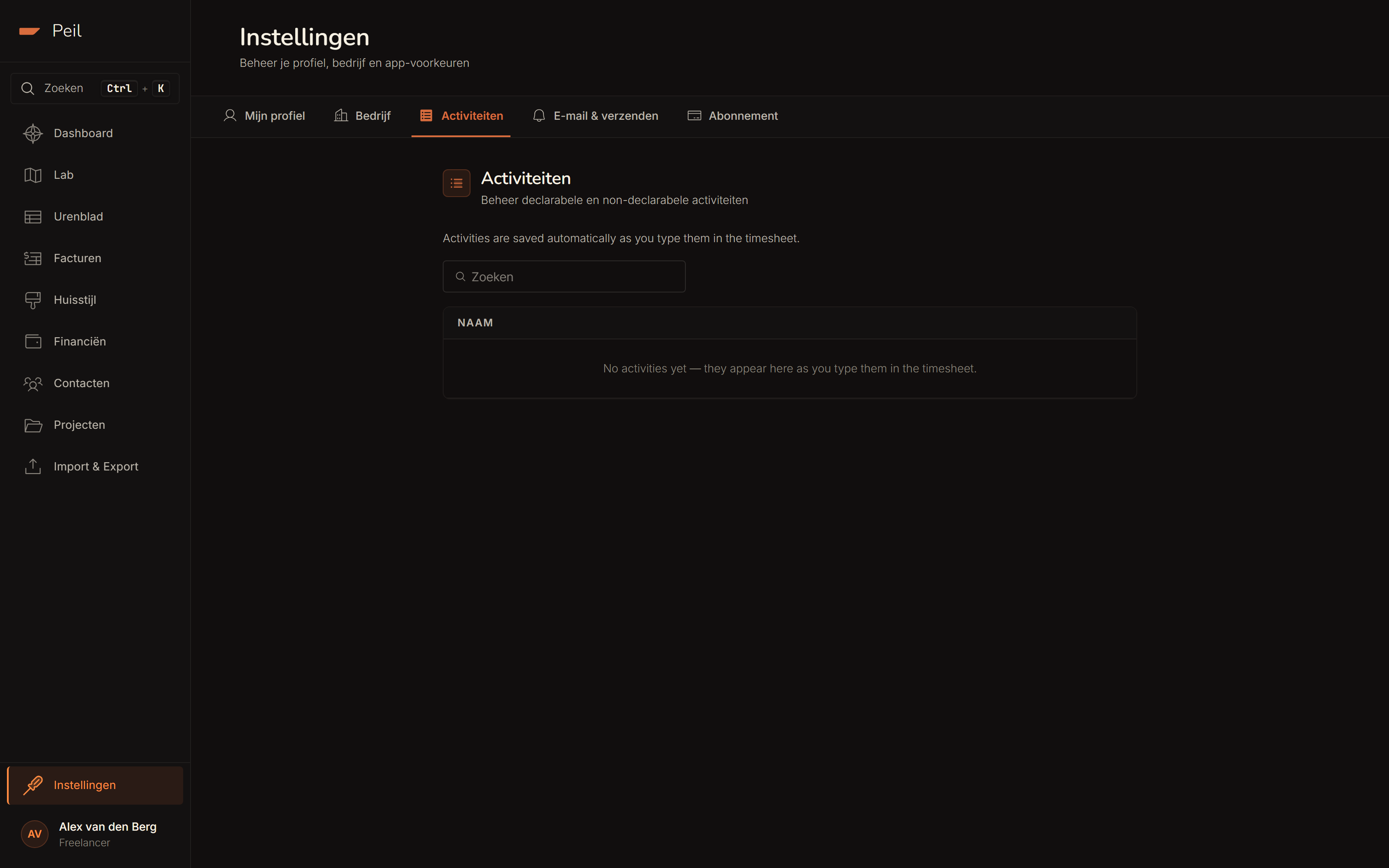 Instellingen → Activiteiten: een doorzoekbare lijst van declarabele en niet-declarabele activiteiten.