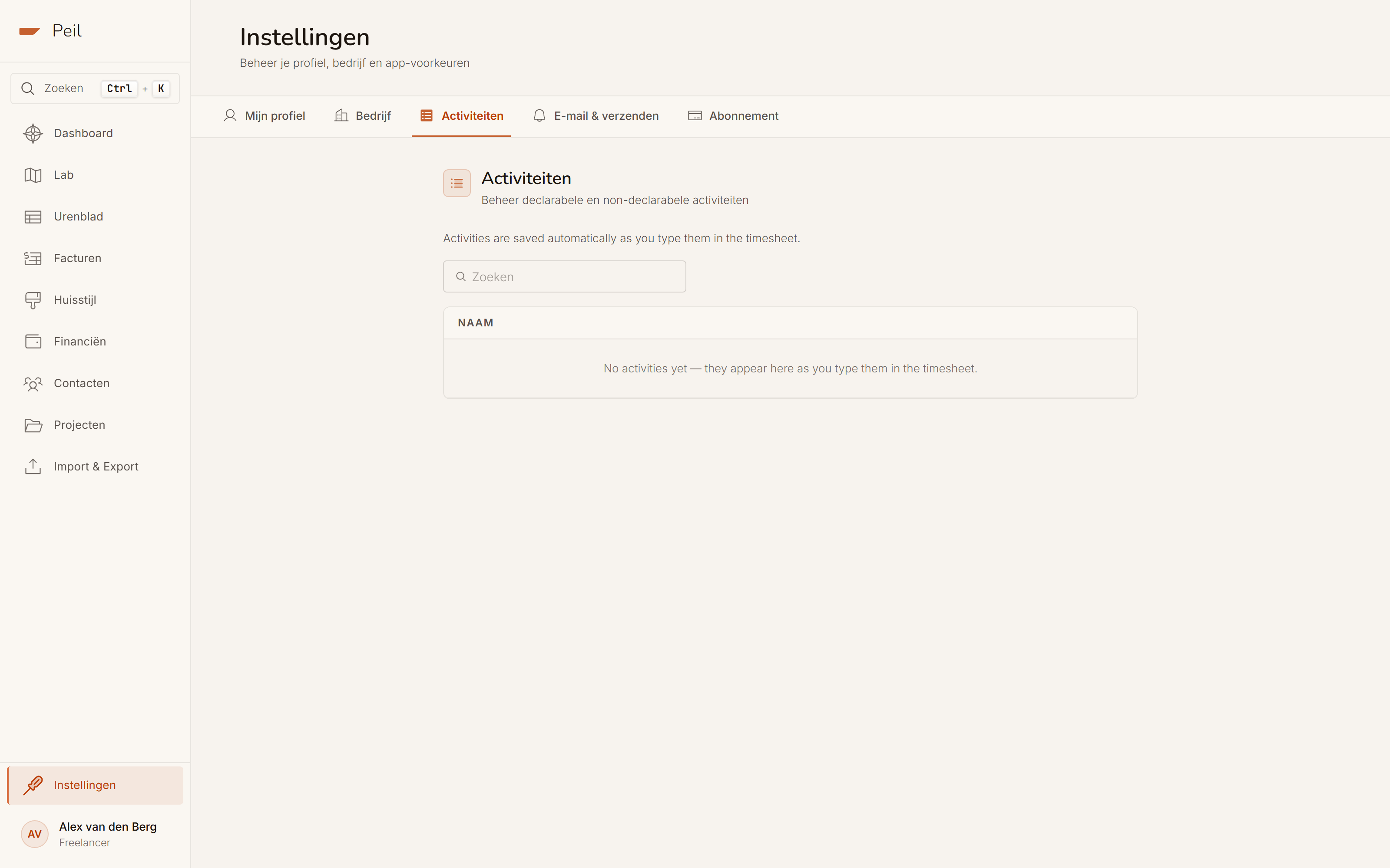 Instellingen → Activiteiten: een doorzoekbare lijst van declarabele en niet-declarabele activiteiten.