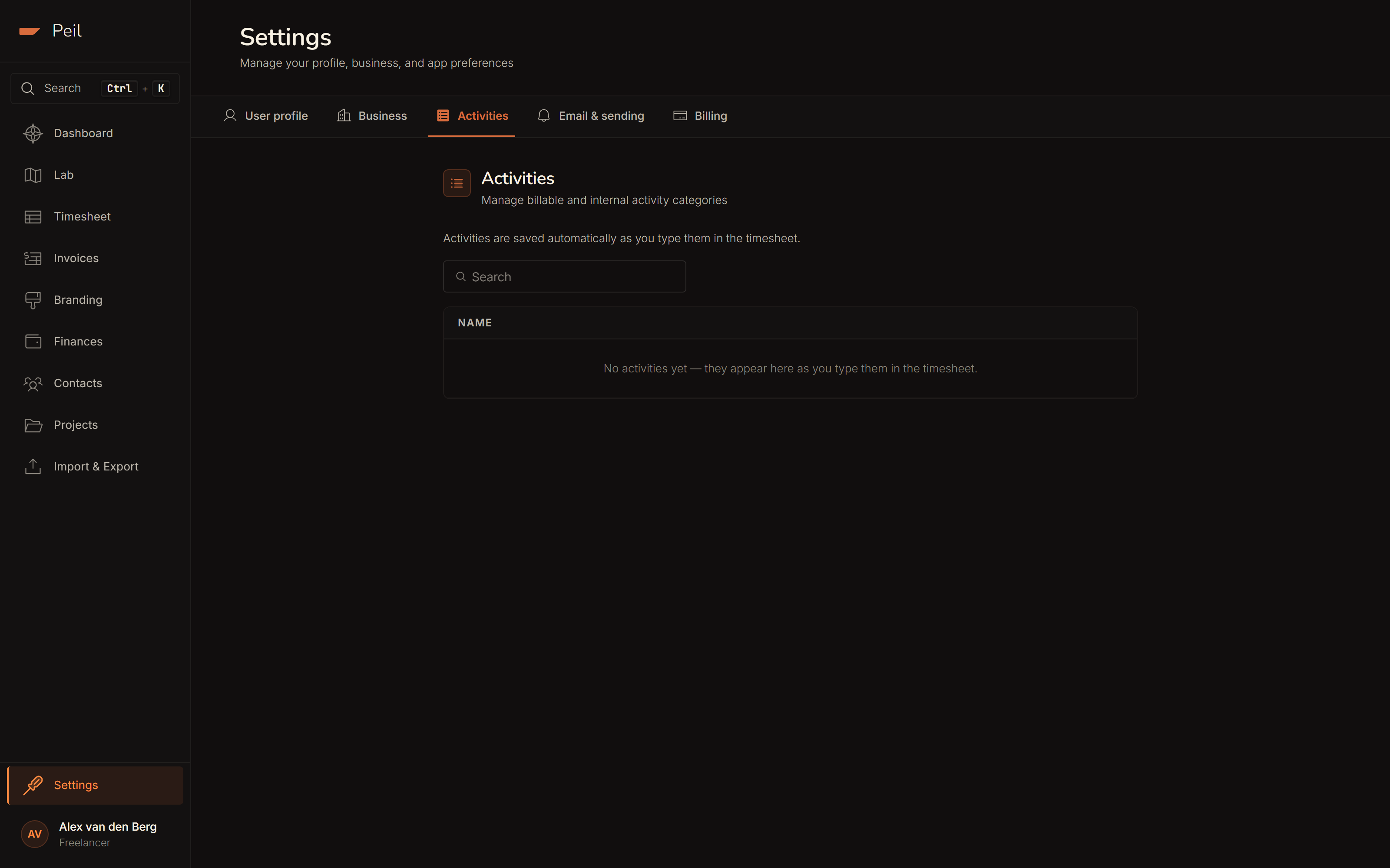 Settings → Activities: a searchable list of billable and non-billable activities.