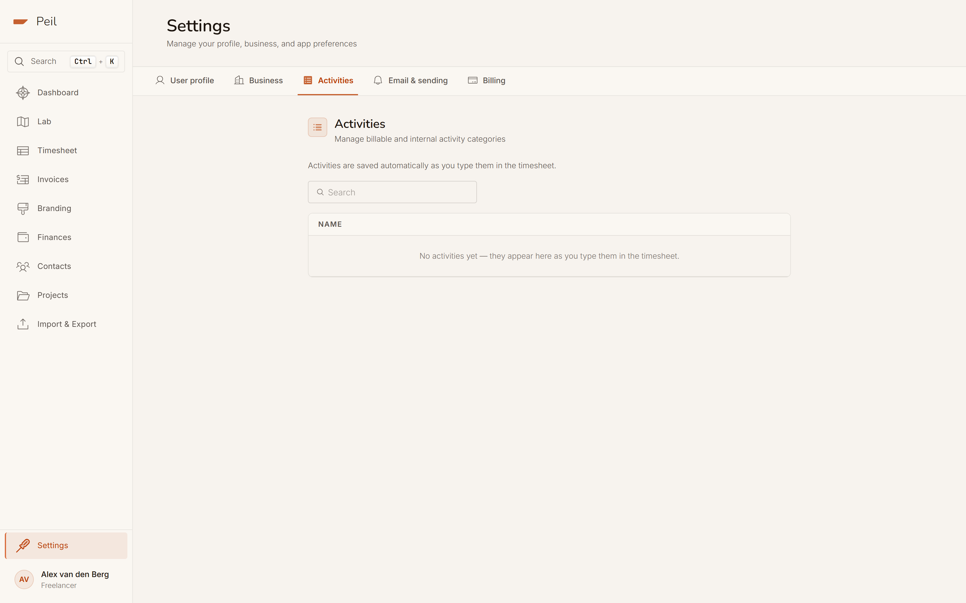 Settings → Activities: a searchable list of billable and non-billable activities.