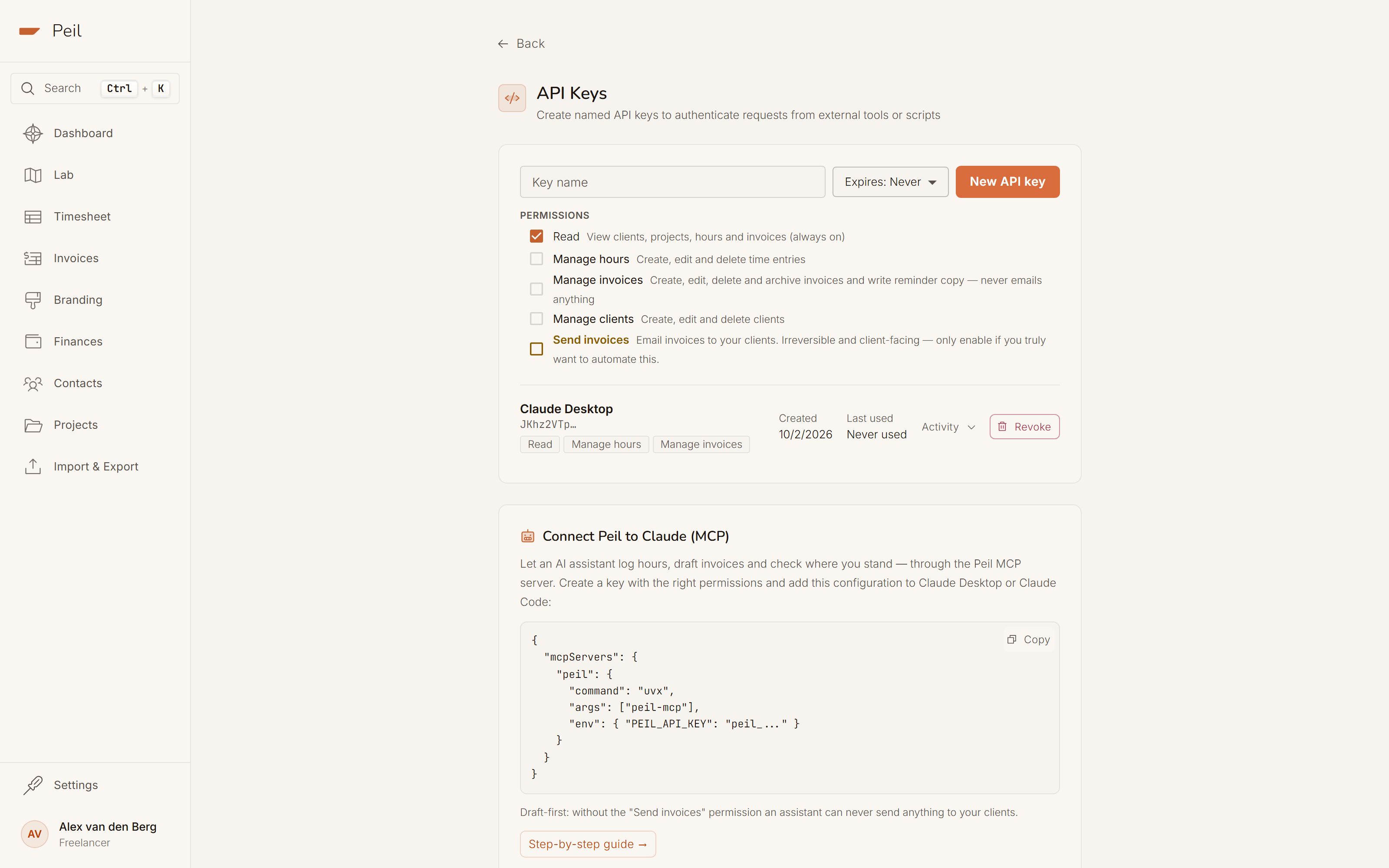 Settings → Developer: the form for a new API key with the permissions Read, Manage hours, Manage invoices, Manage clients and Send invoices set apart in its own colour, and below it a key "Claude Desktop" with only the first three permissions.