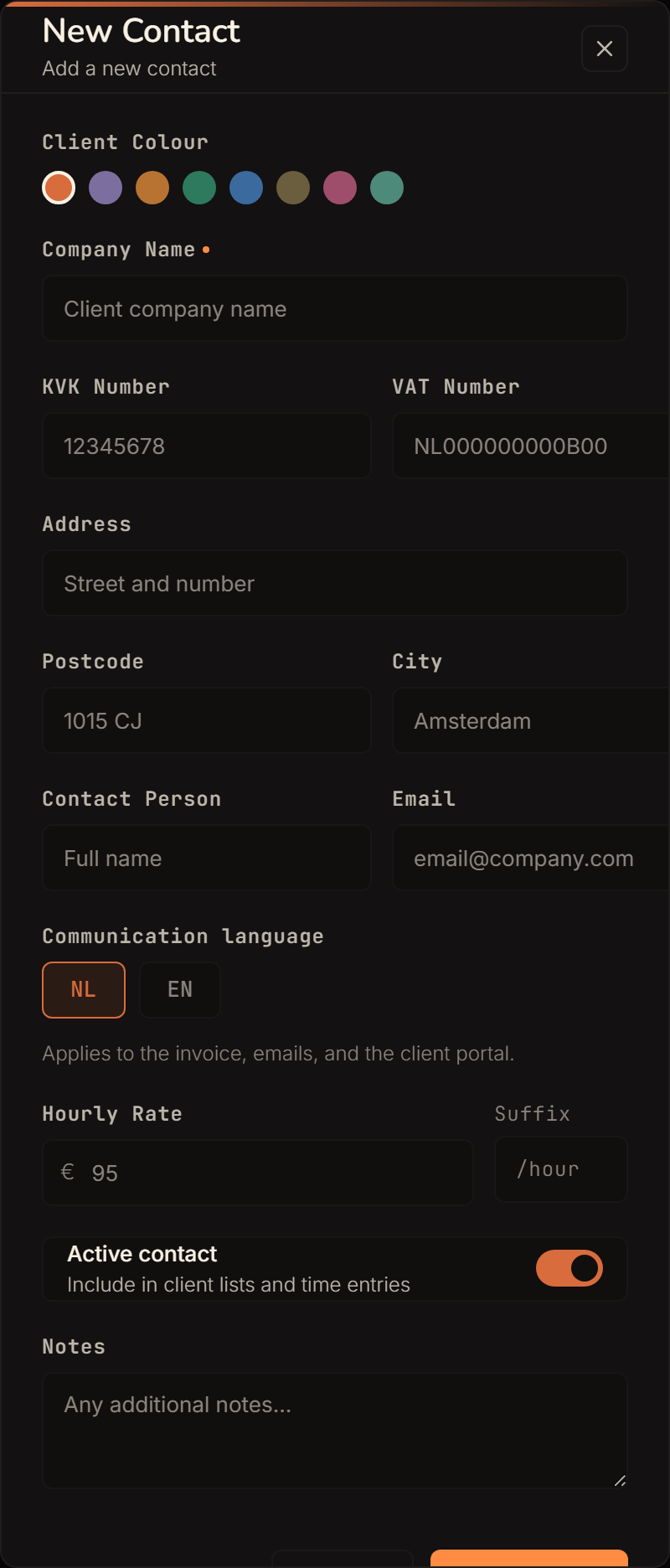 The new-contact form: colour dot, company name, KvK and VAT number, address, contact person, invoice language and default hourly rate.