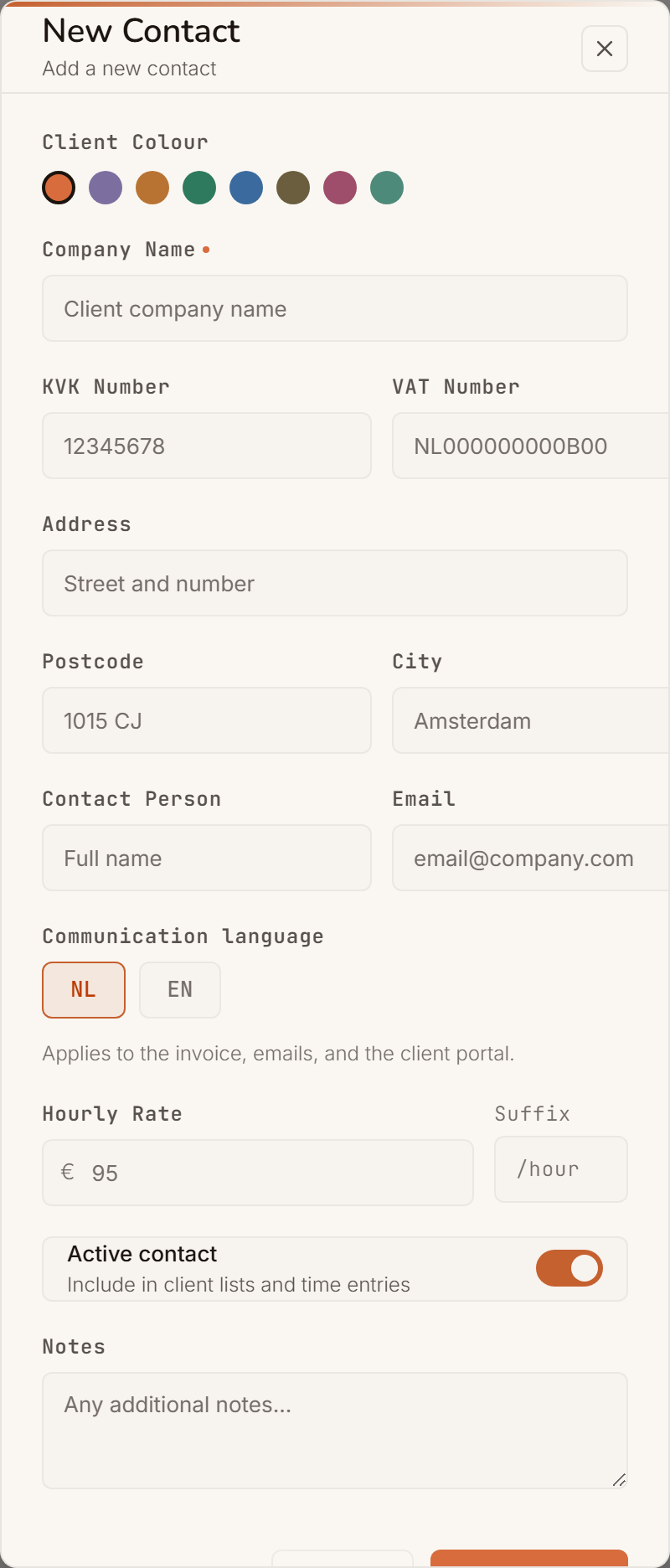 The form for a new contact: colour dot, company name, KvK and VAT number, address, contact person, invoice language and default hourly rate.