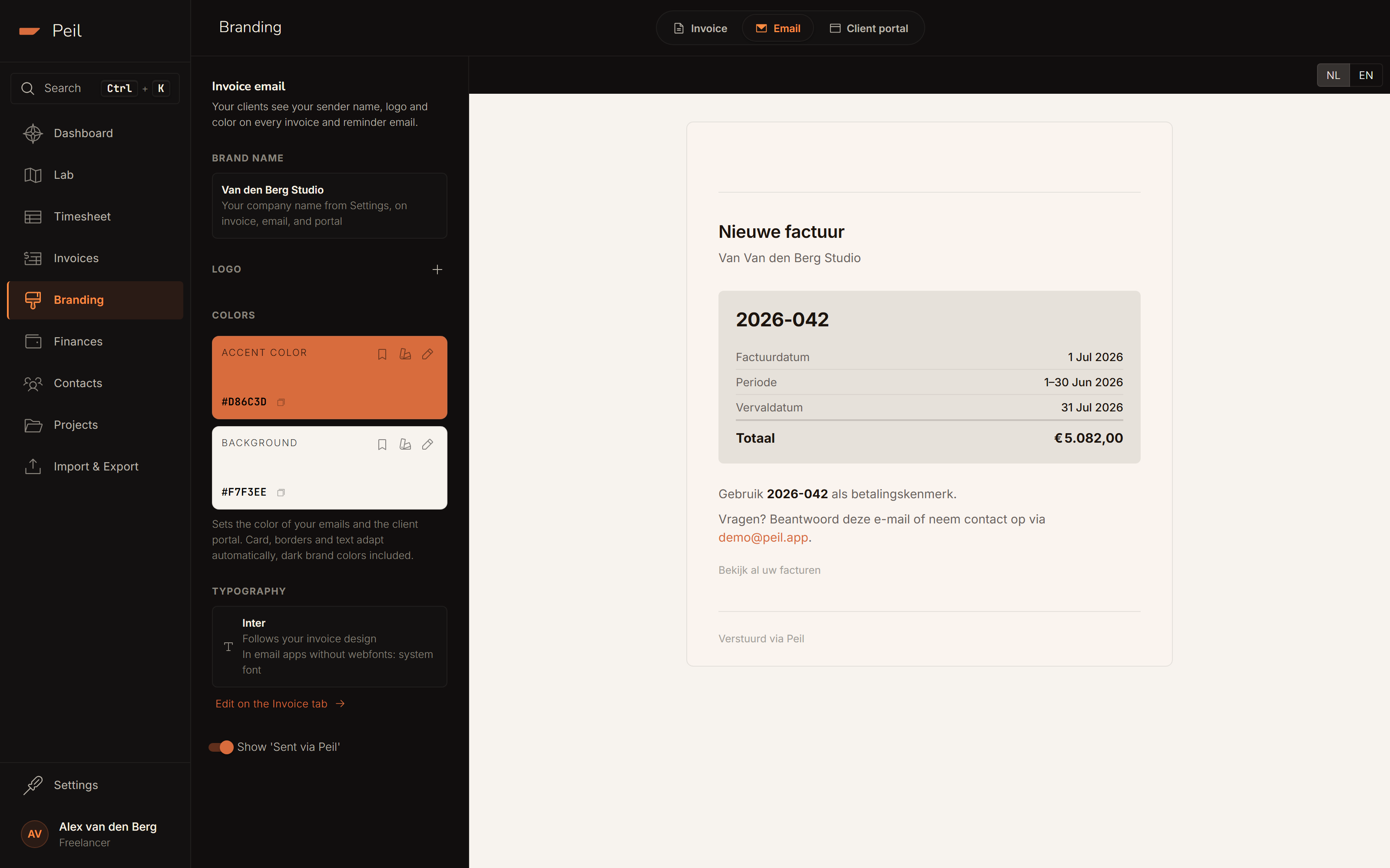 The Email tab: branding controls on the left, and a preview of the branded invoice email on the right.
