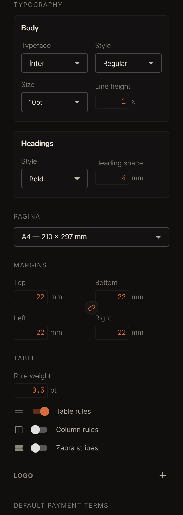 The advanced settings: typography for body text and headings, margins and table styling.
