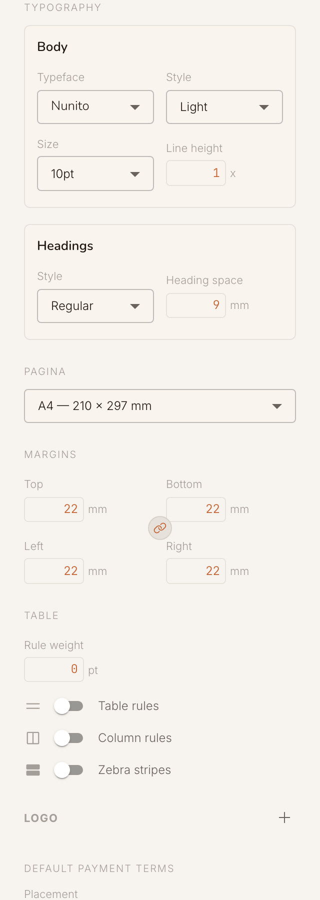 The advanced settings: typography for body text and headings, margins and table styling.