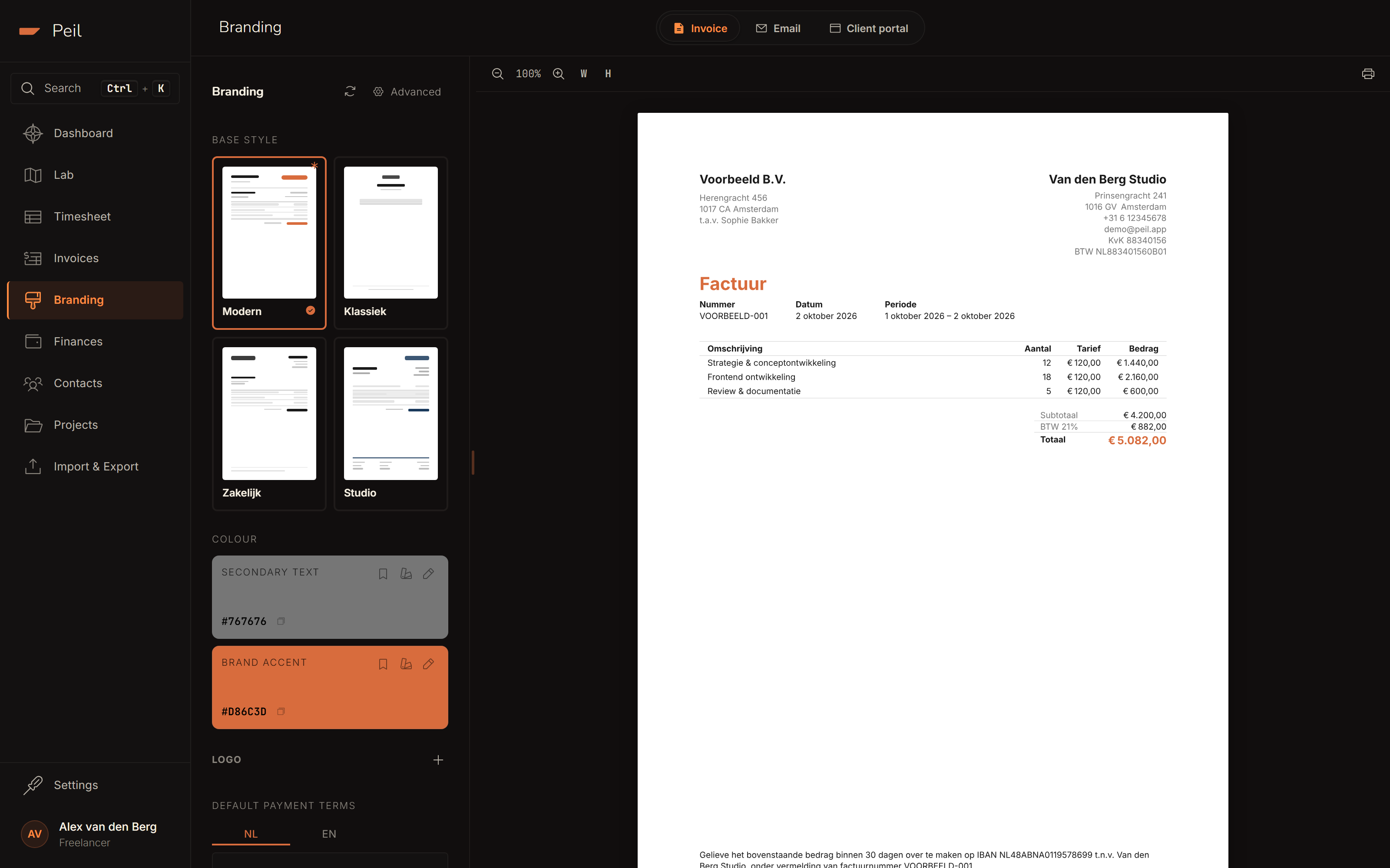 The design editor with base style, color and logo on the left, and a live invoice preview on the right.