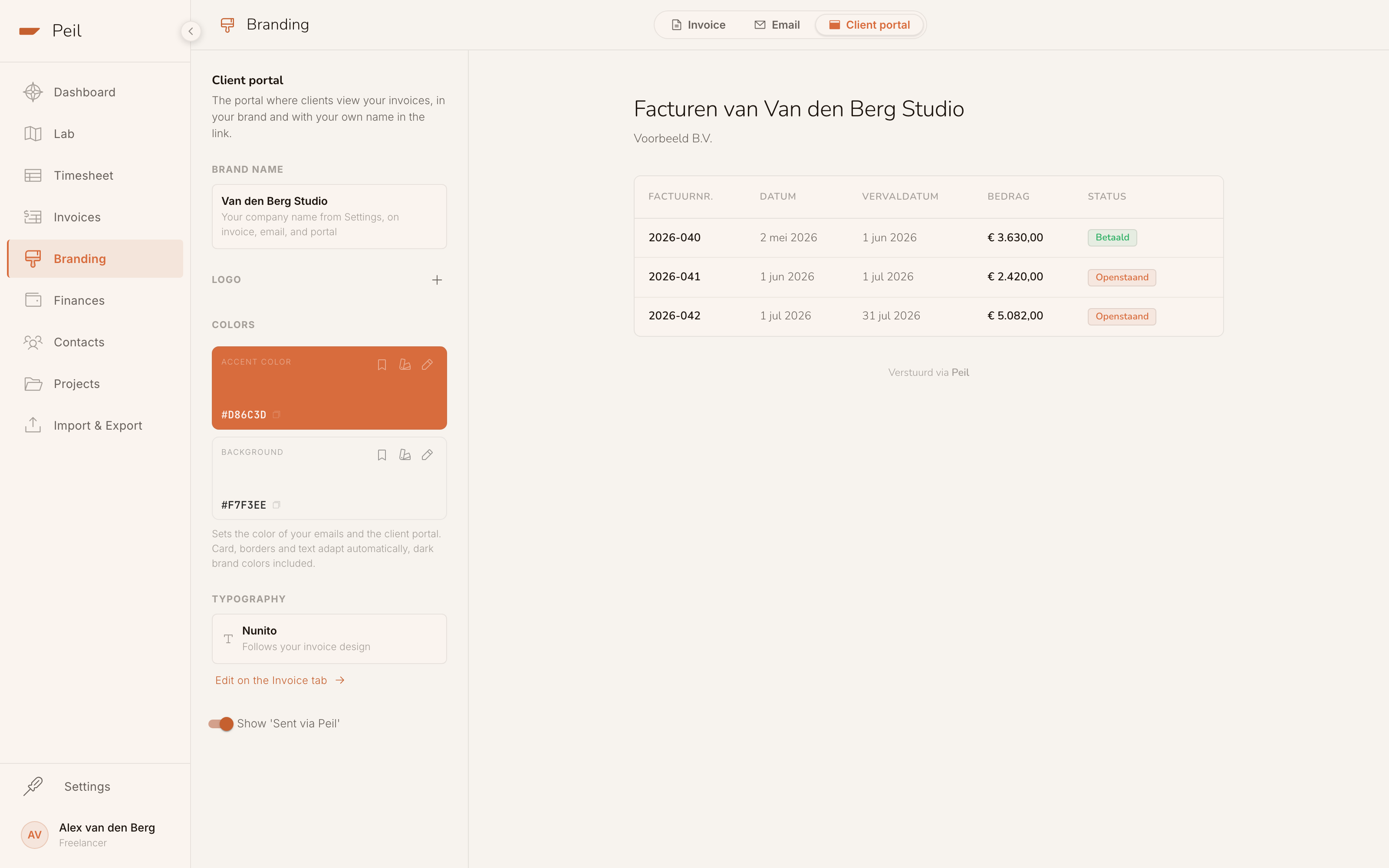 The Client portal tab: a preview of the client portal with an invoice list in your own brand.