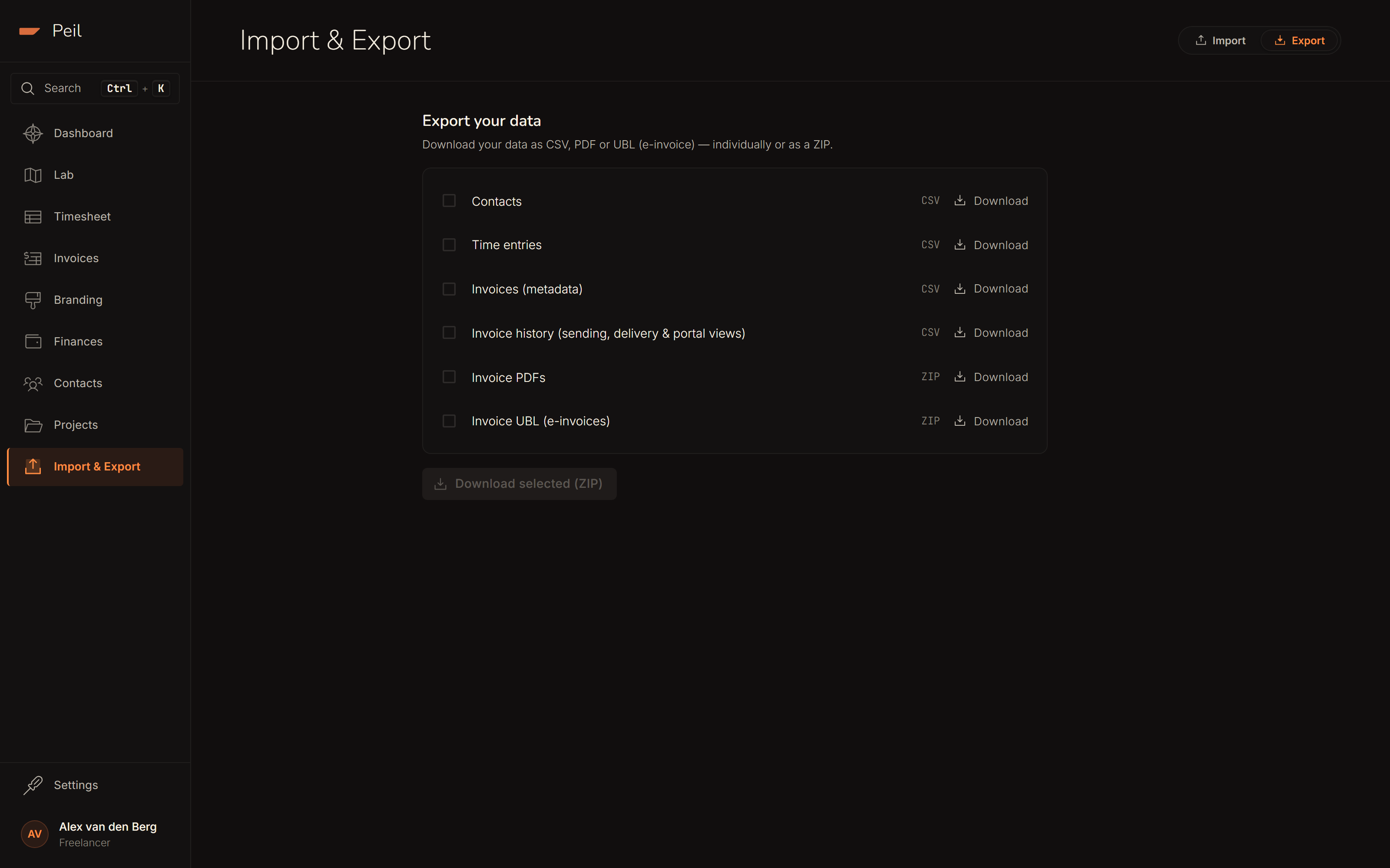 The Export tab: individual download buttons per type (clients, time entries, invoices, invoice history, PDF archive, UBL archive) and a combined ZIP download.