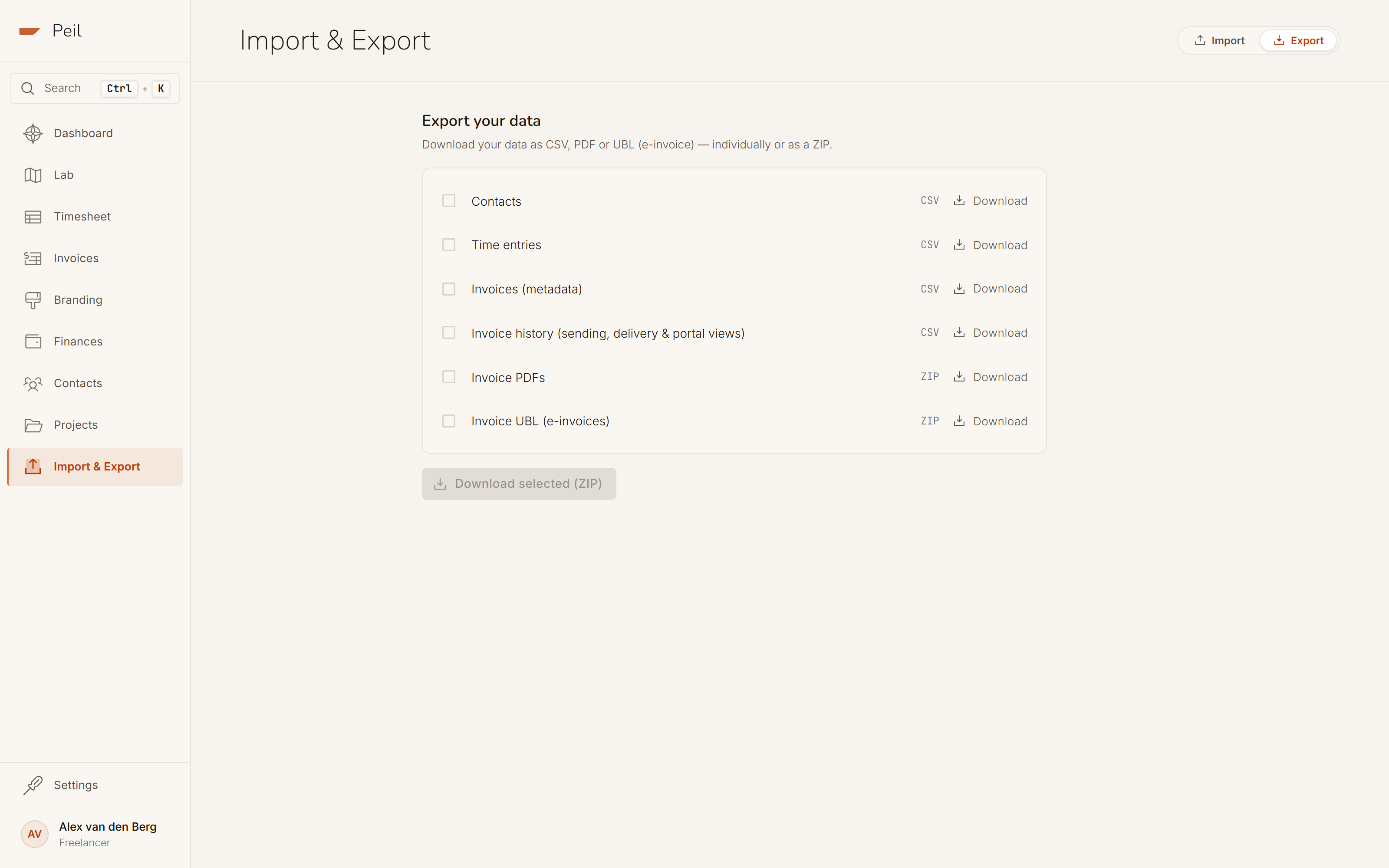 The Export tab: individual download buttons per type (clients, time entries, invoices, invoice history, PDF archive, UBL archive) and a combined ZIP download.