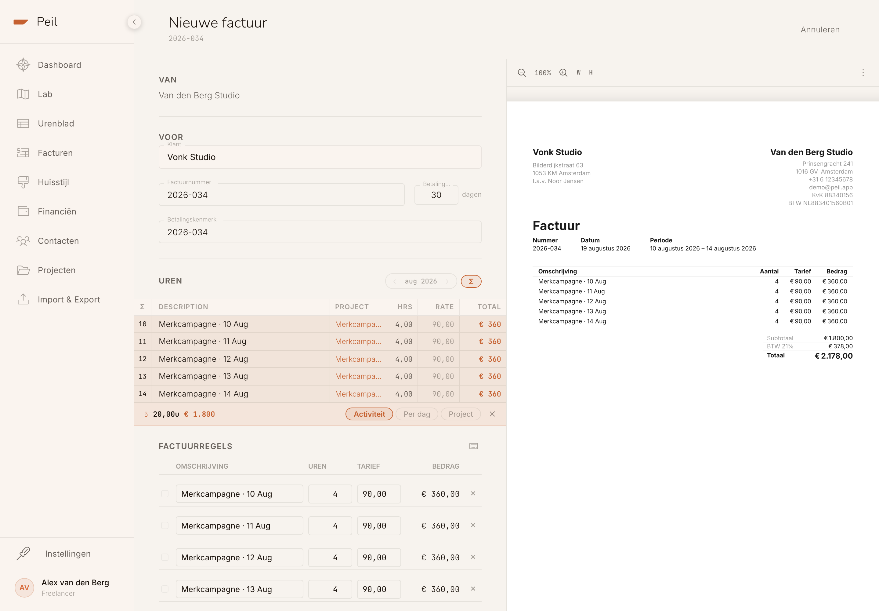 Factuureditor met klant, factuurnummer en betalingstermijn links, live PDF-preview rechts.