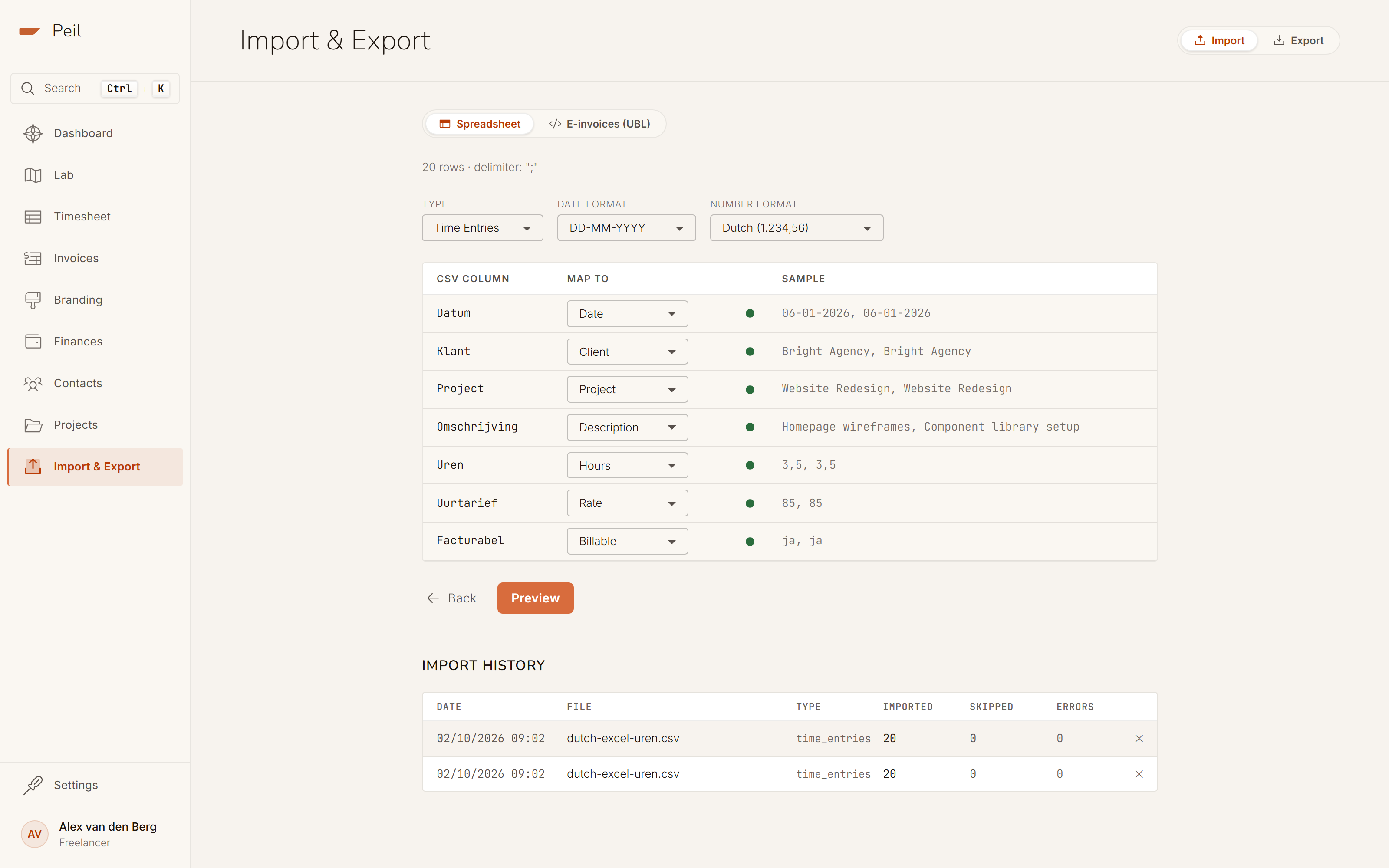 Import: the recognised columns of a spreadsheet mapped to date, client, project, description, hours and rate.