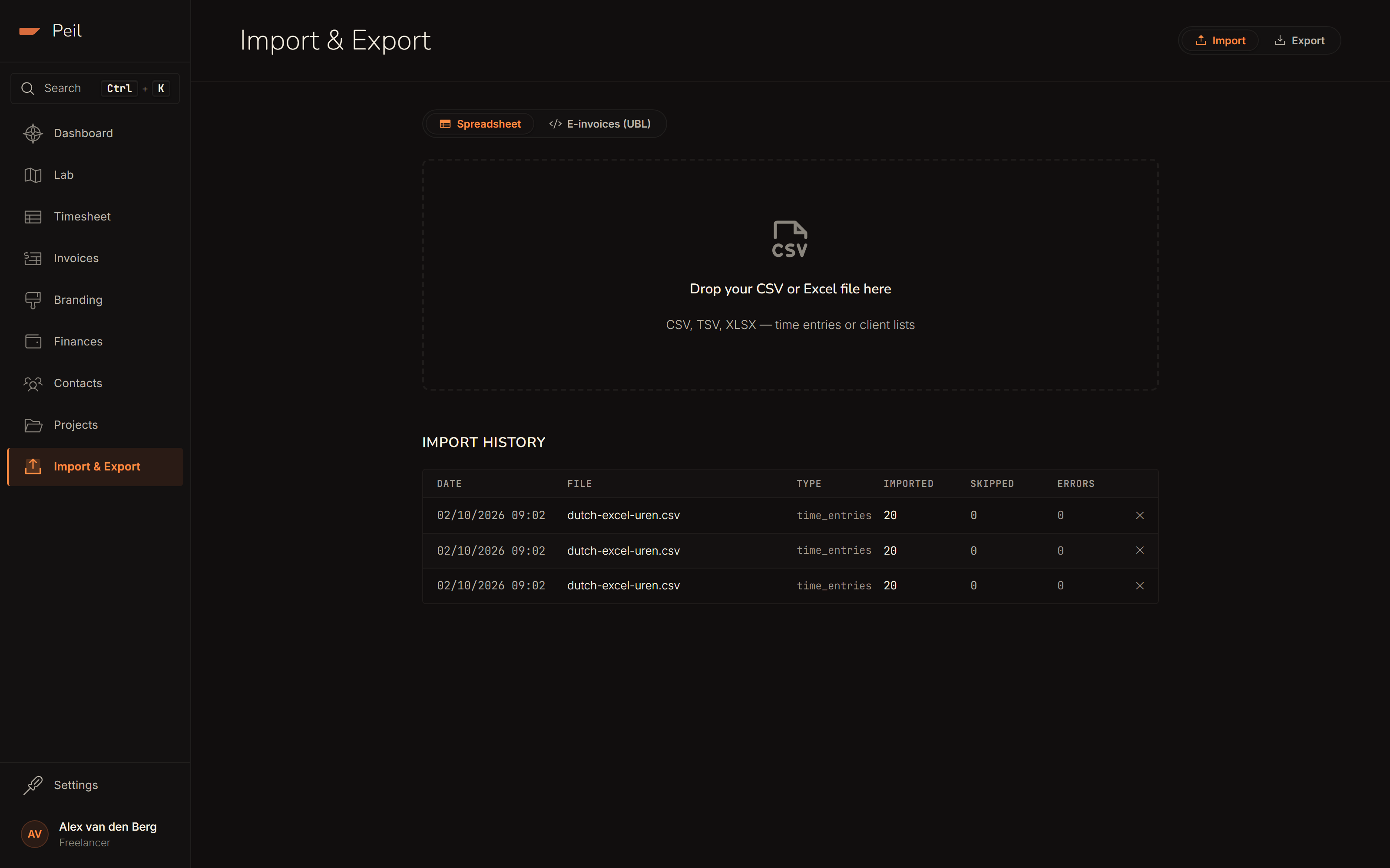 The empty drop zone on the Import tab, with supported file formats.
