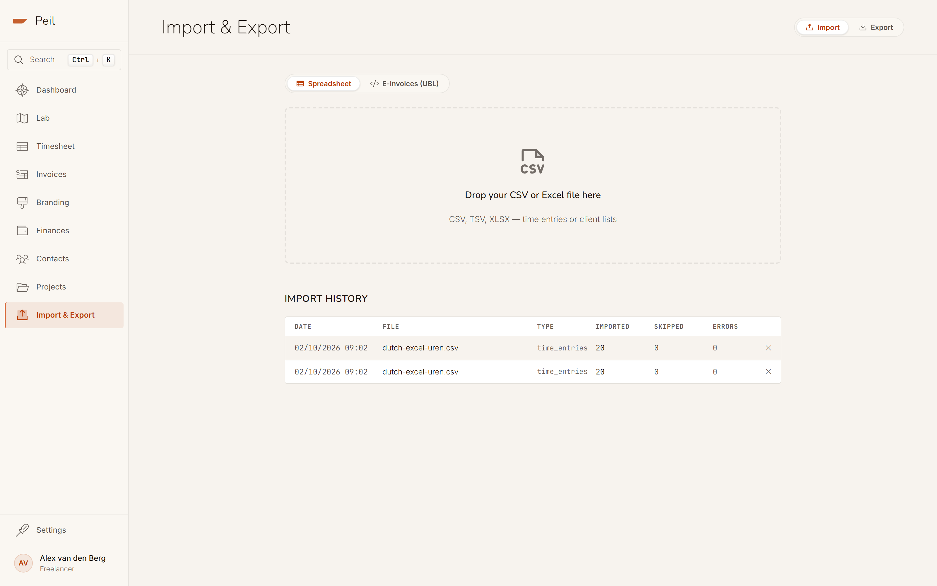 The empty drop zone on the Import tab, with supported file formats.