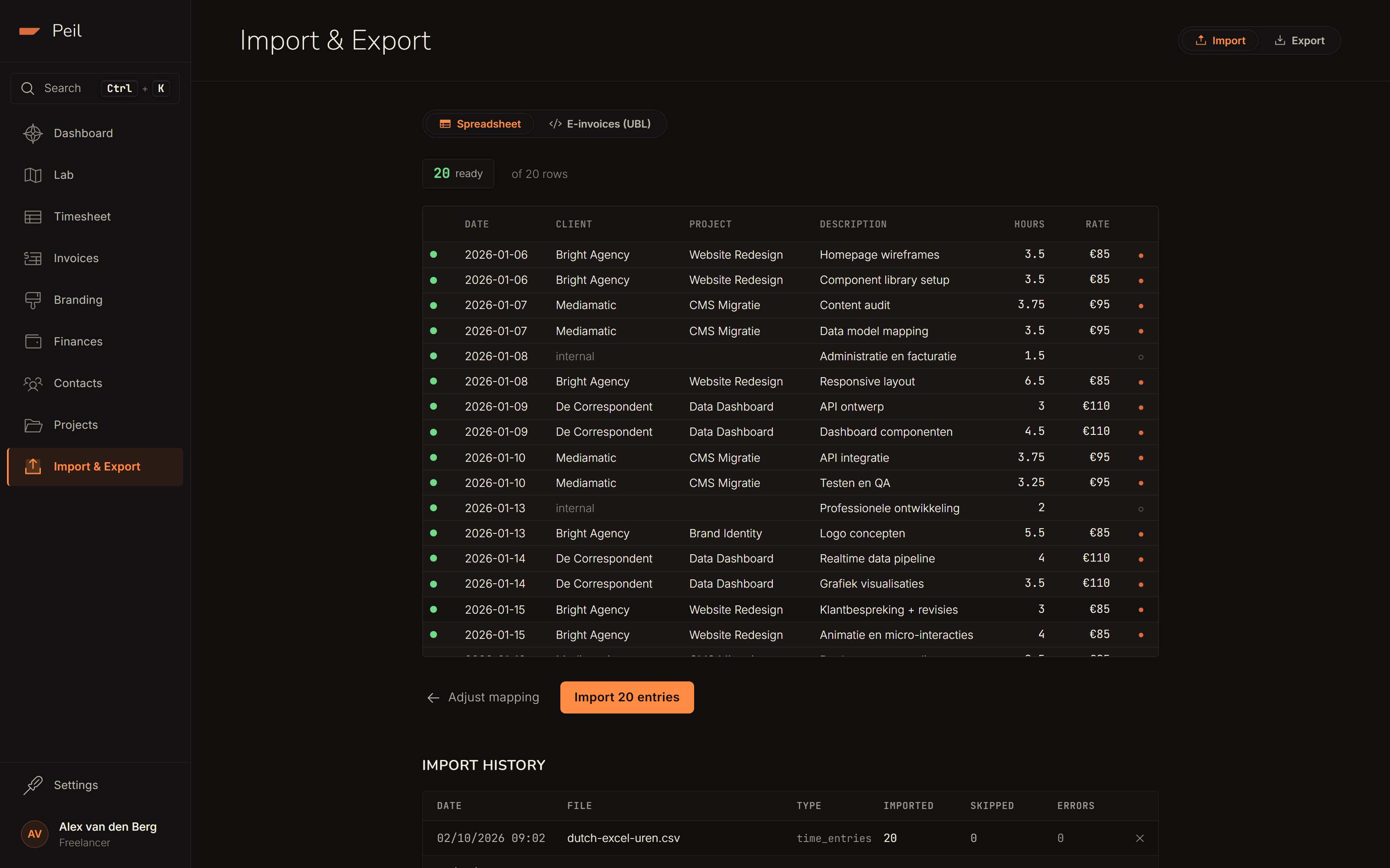 Preview of 20 rows, all ready, with three new clients flagged and the toggle to auto-create them.