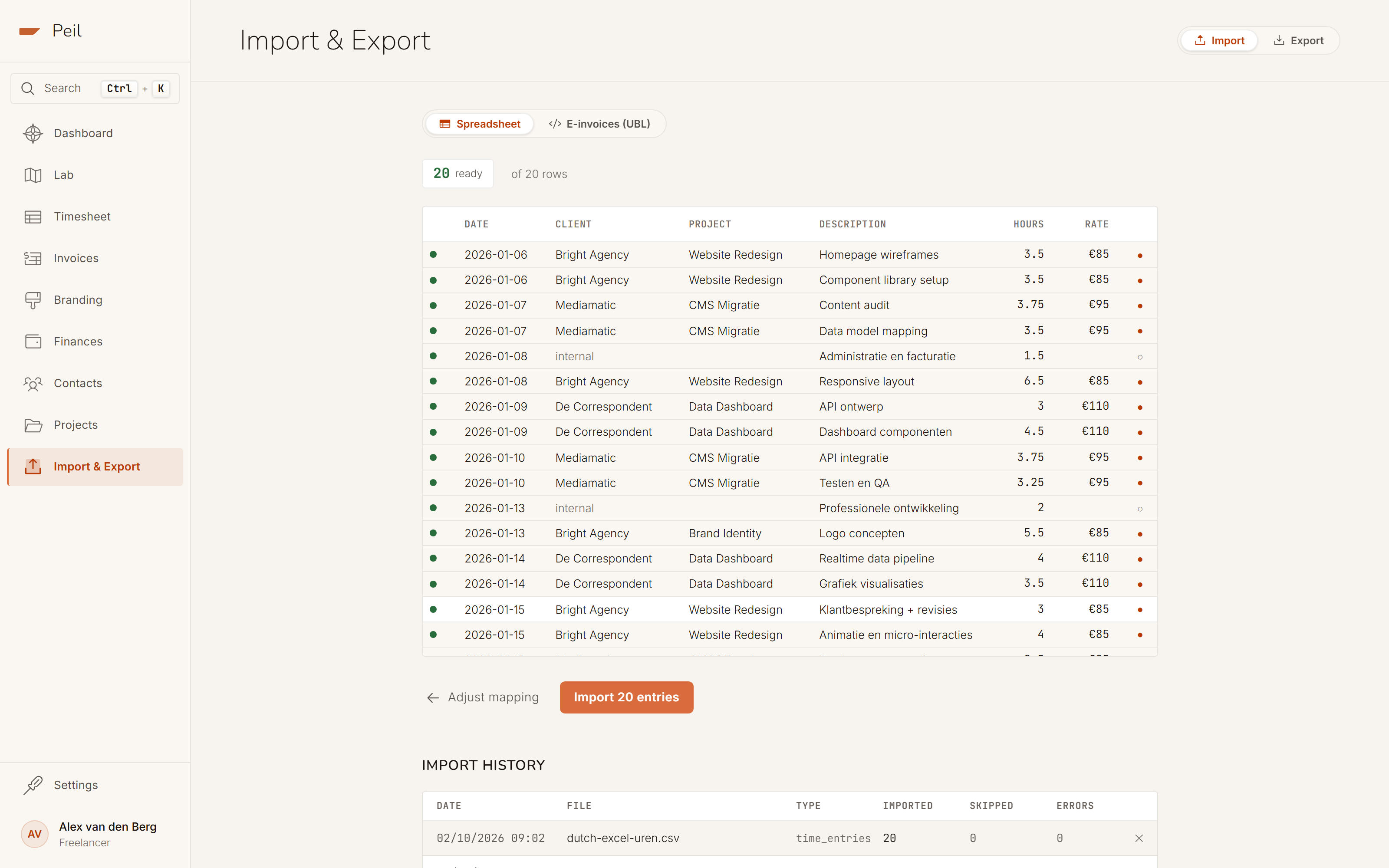 Preview of 20 rows, all ready, with three new clients flagged and the toggle to auto-create them.