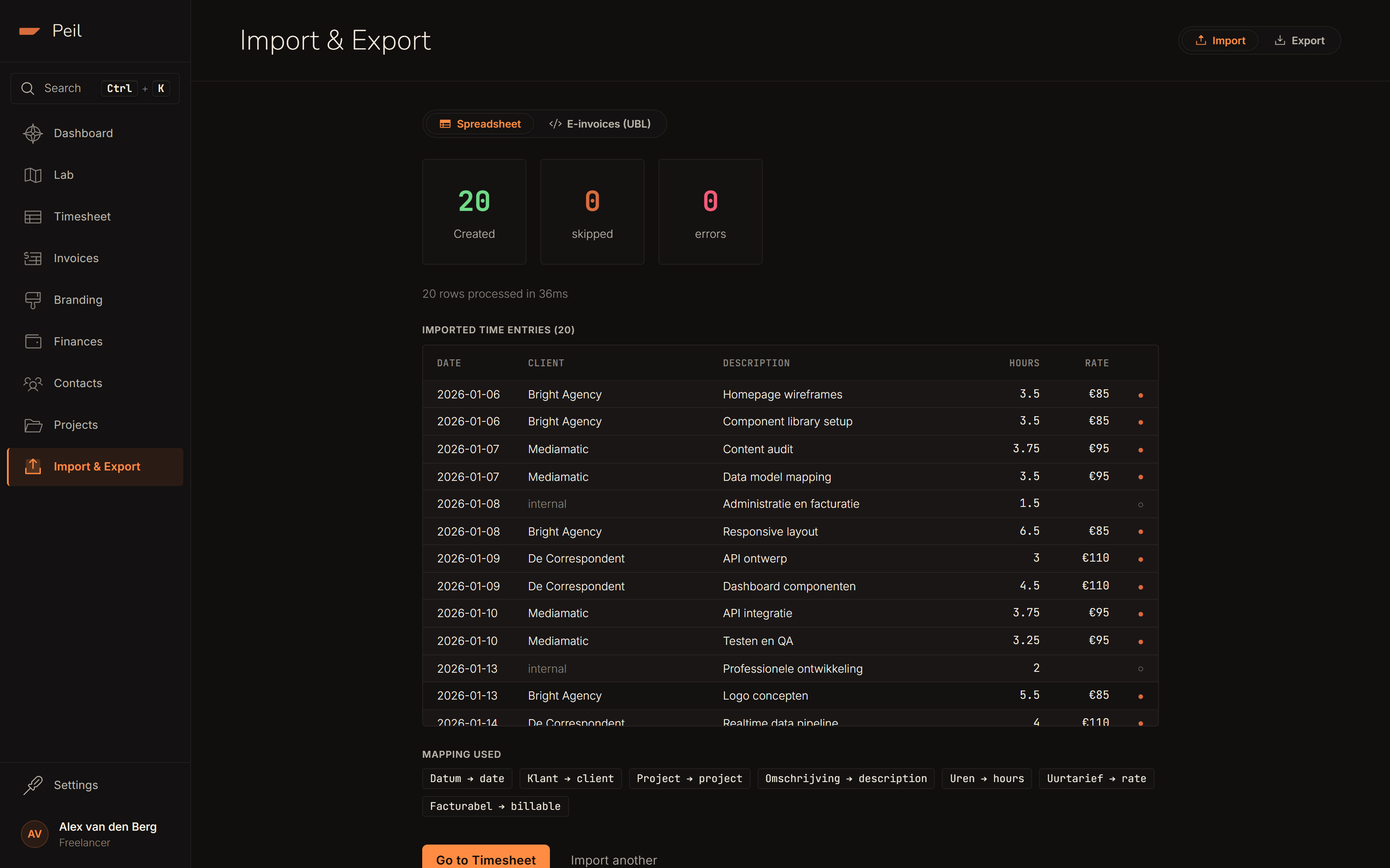 Import report: 20 created, 0 skipped, 0 errors, processed in 73ms, with the mapping used and the list of imported time entries.