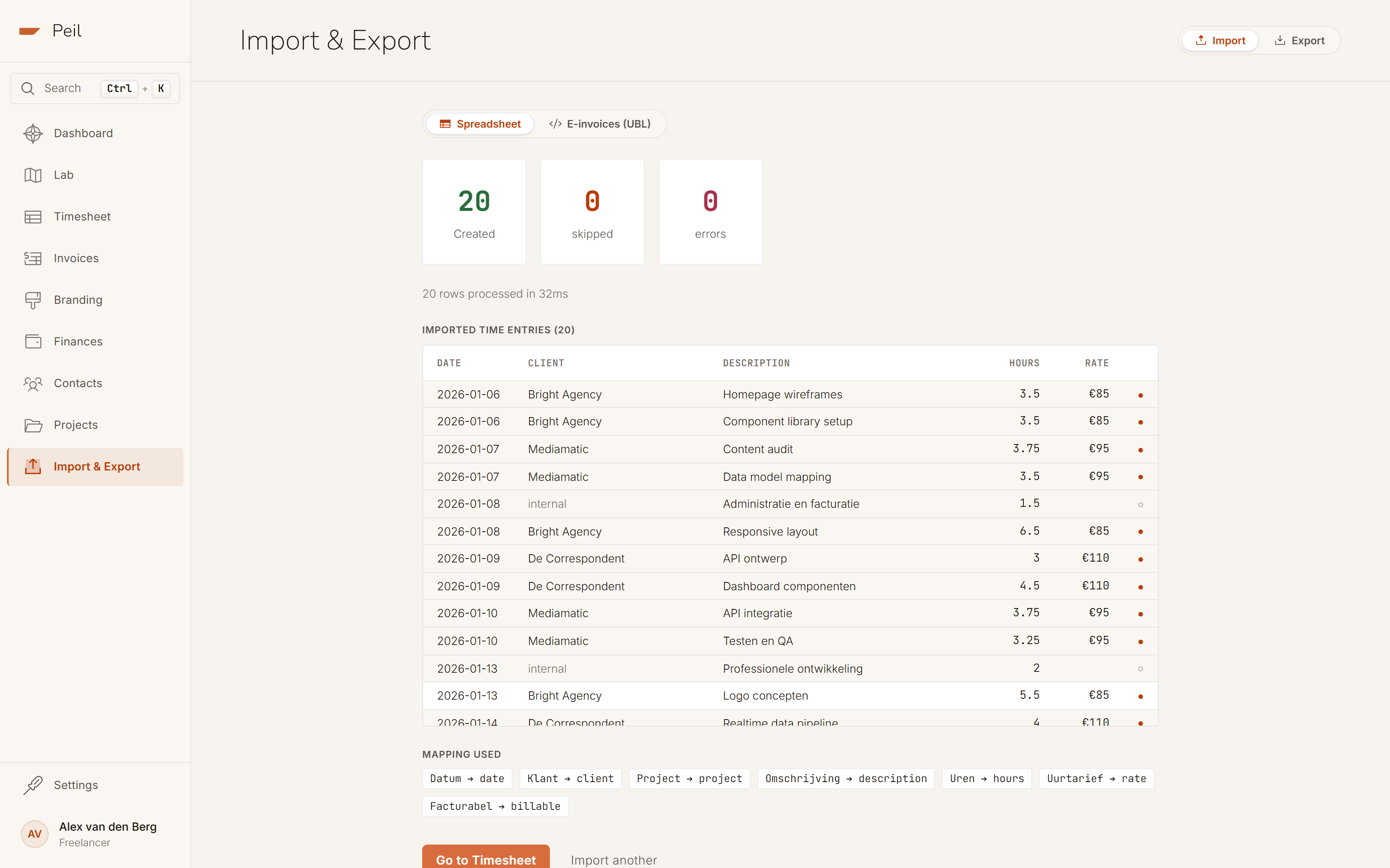 Import report: 20 created, 0 skipped, 0 errors, processed in 73ms, with the mapping used and the list of imported time entries.