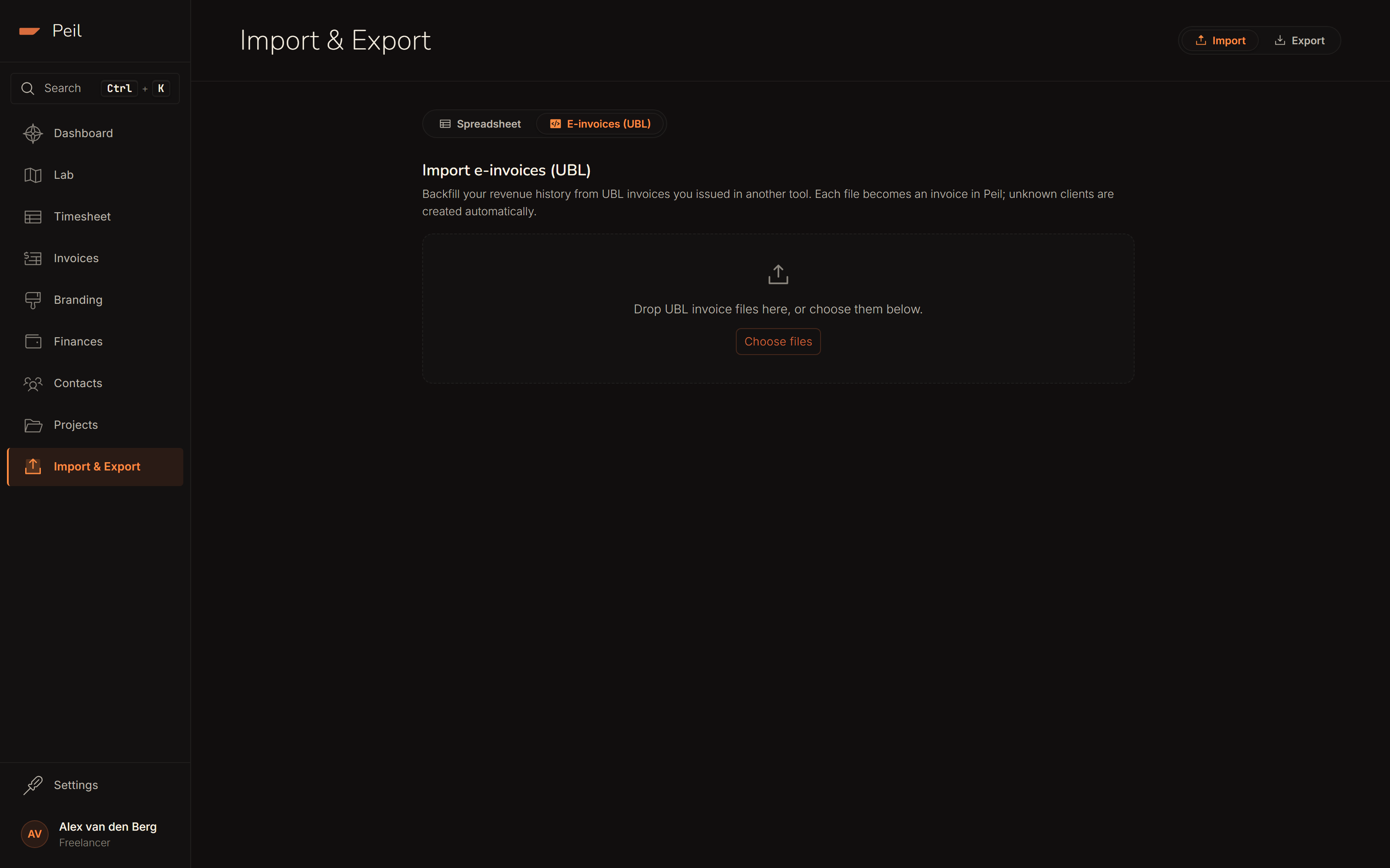 UBL import mode: drop zone for e-invoice files, with the spreadsheet/UBL toggle above it.
