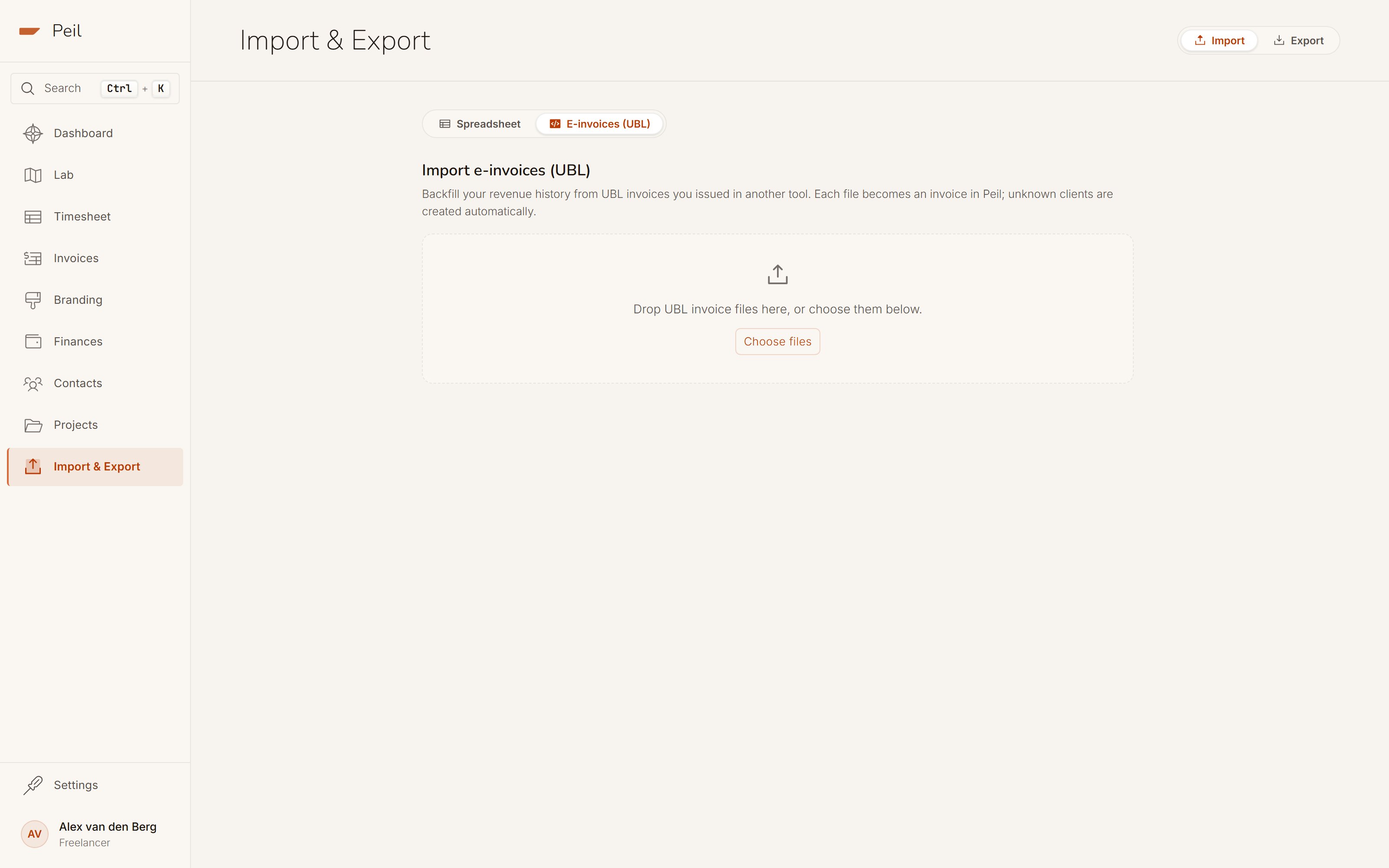 UBL import mode: drop zone for e-invoice files, with the spreadsheet/UBL toggle above it.