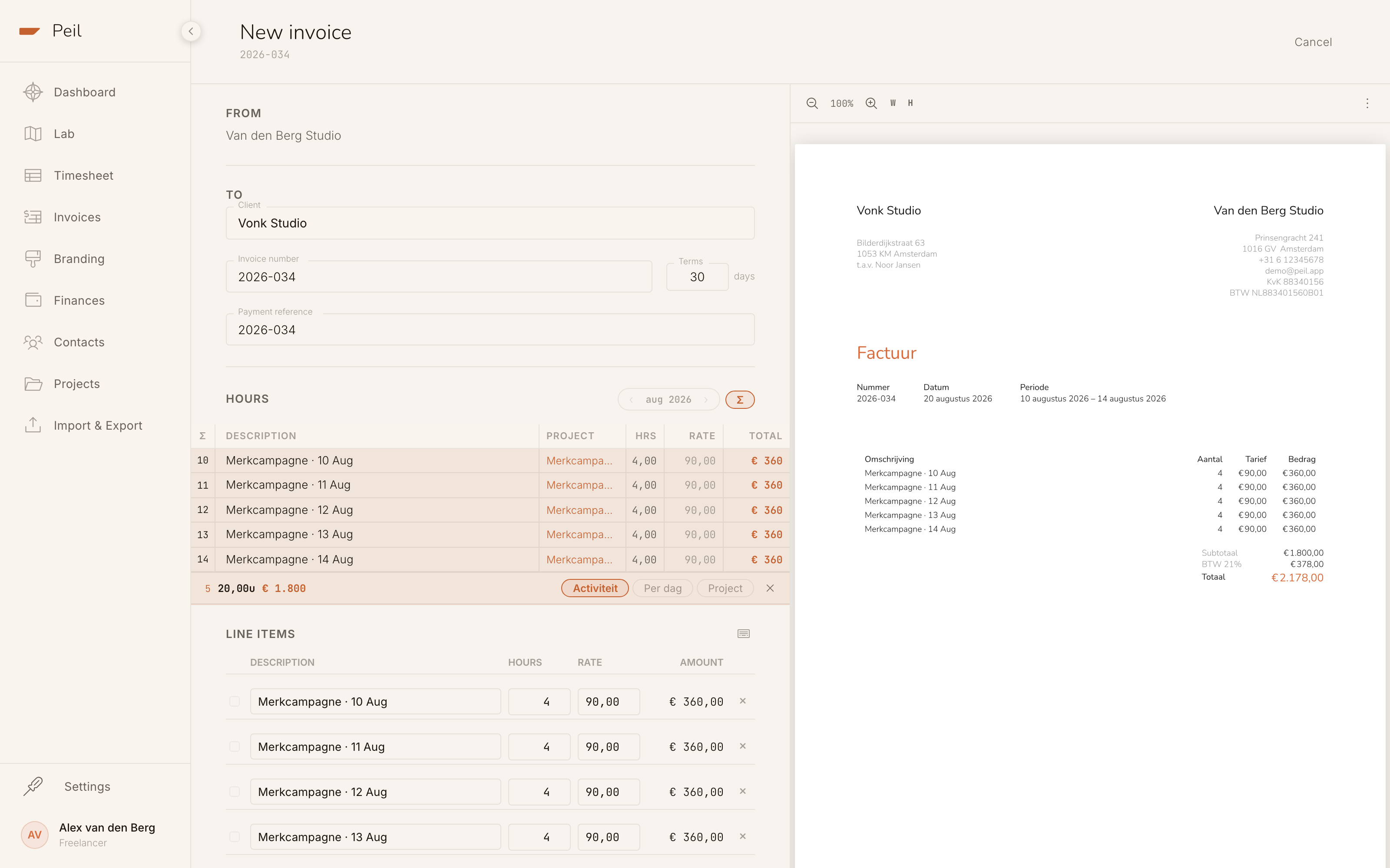 Invoice editor with client, invoice number and payment term on the left, live PDF preview on the right.