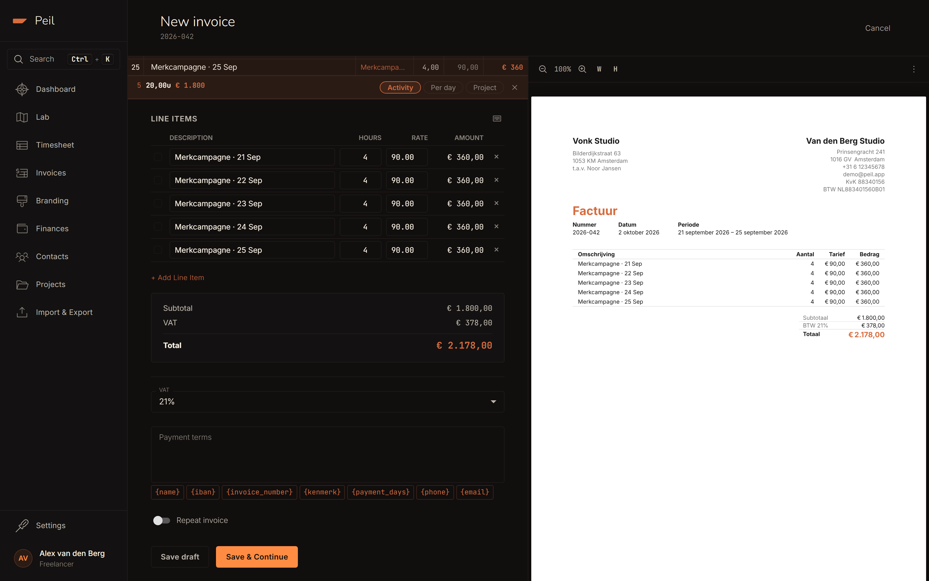 Invoice line items with VAT percentage and payment terms, with the buttons 'Save draft' and 'Save and continue'.