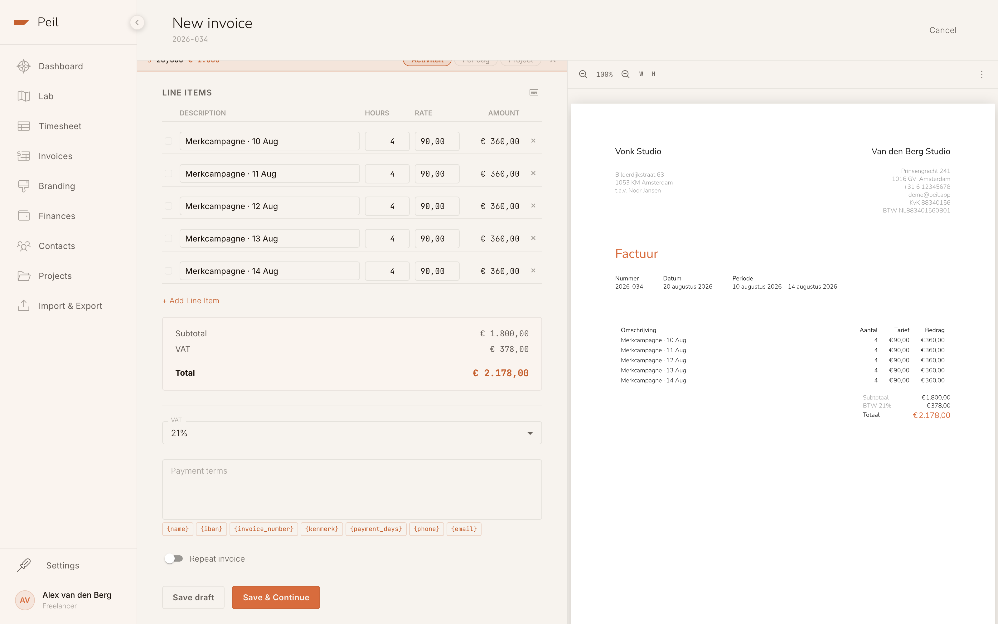 Invoice line items with VAT percentage and payment terms, with the buttons 'Save draft' and 'Save and continue'.