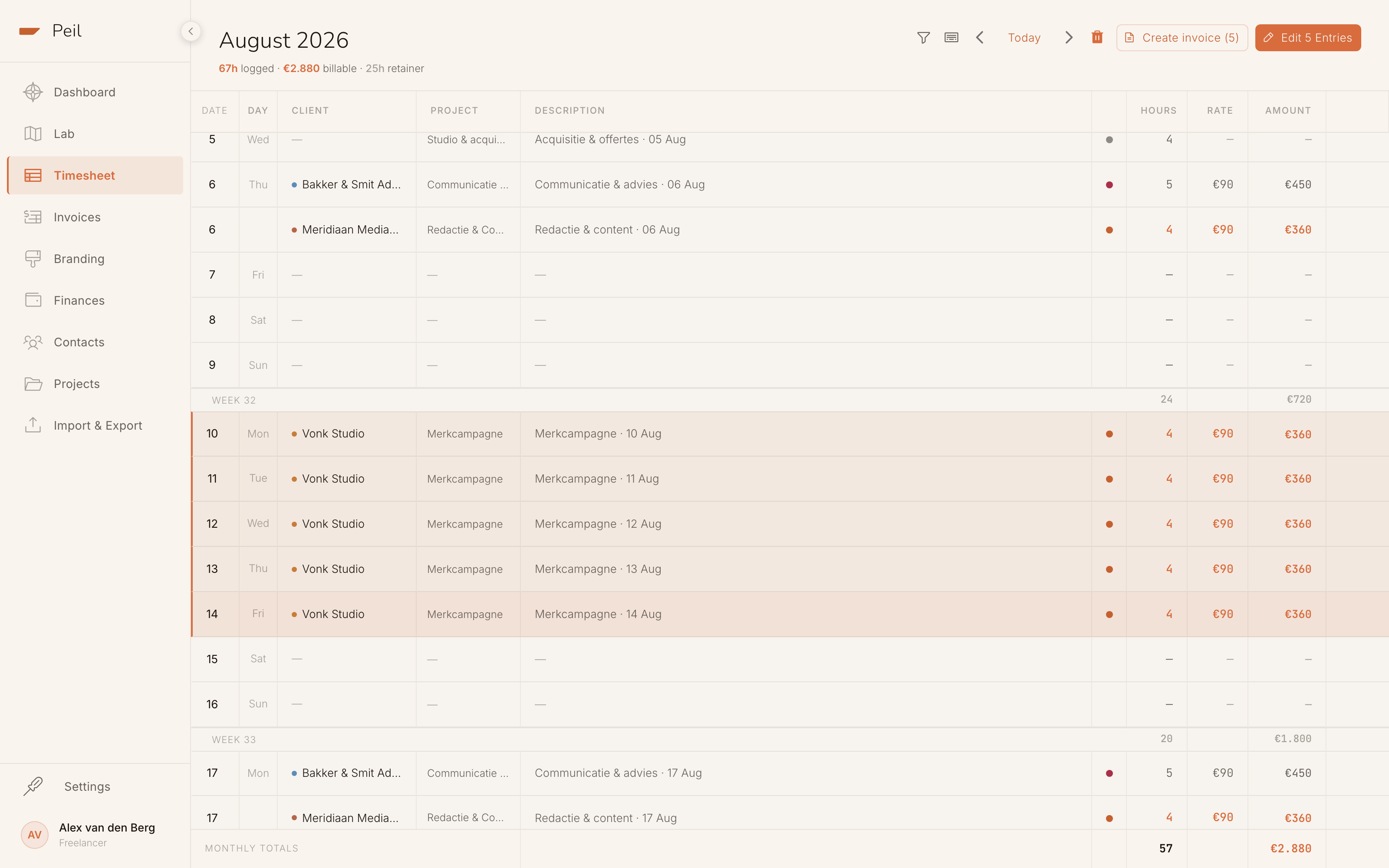 Selected hours for Vonk Studio in the timesheet, with the buttons 'Create invoice (5)' and 'Edit 5 entries' top-right.