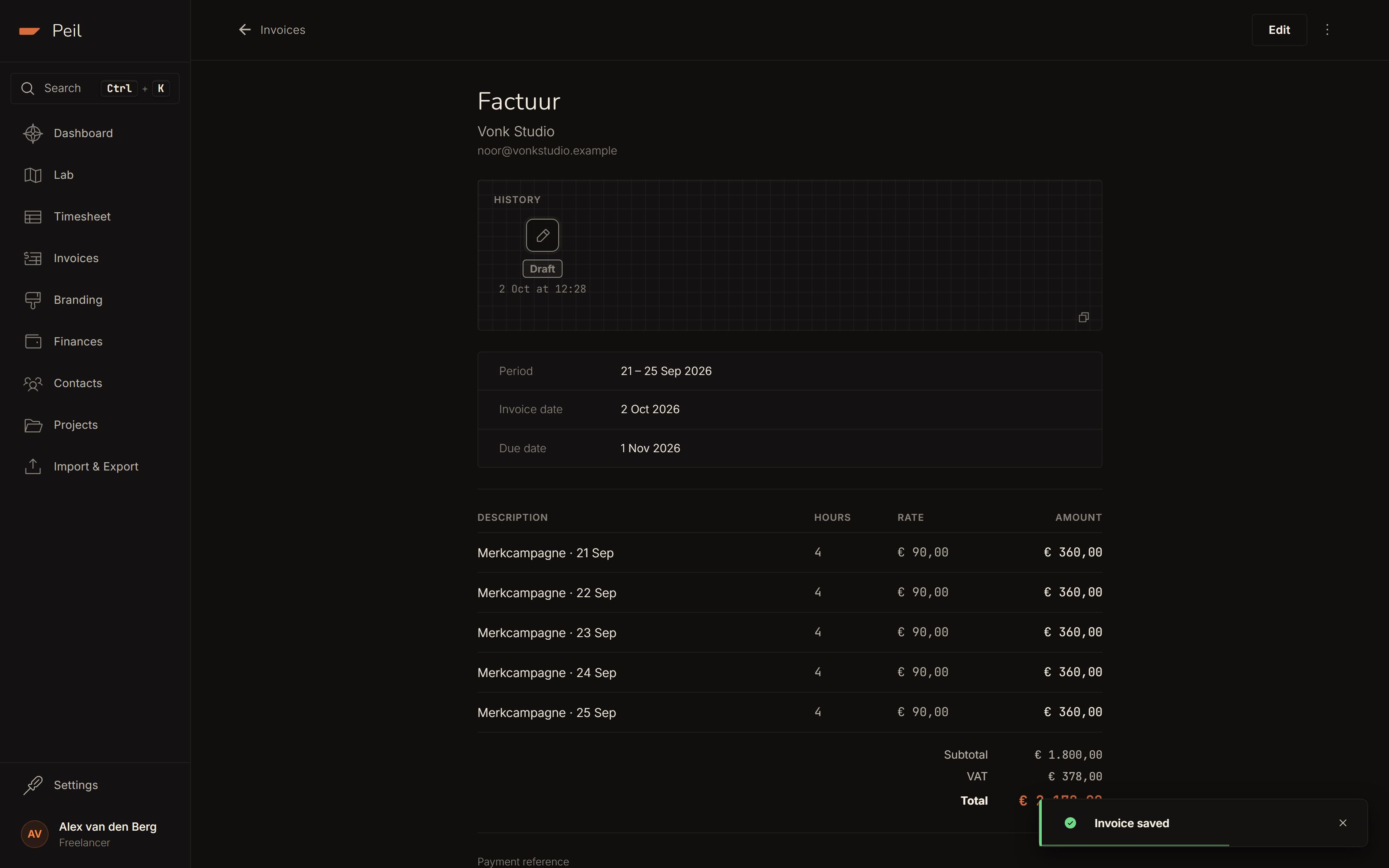 Invoice page with the 'Send invoice' button at the bottom.