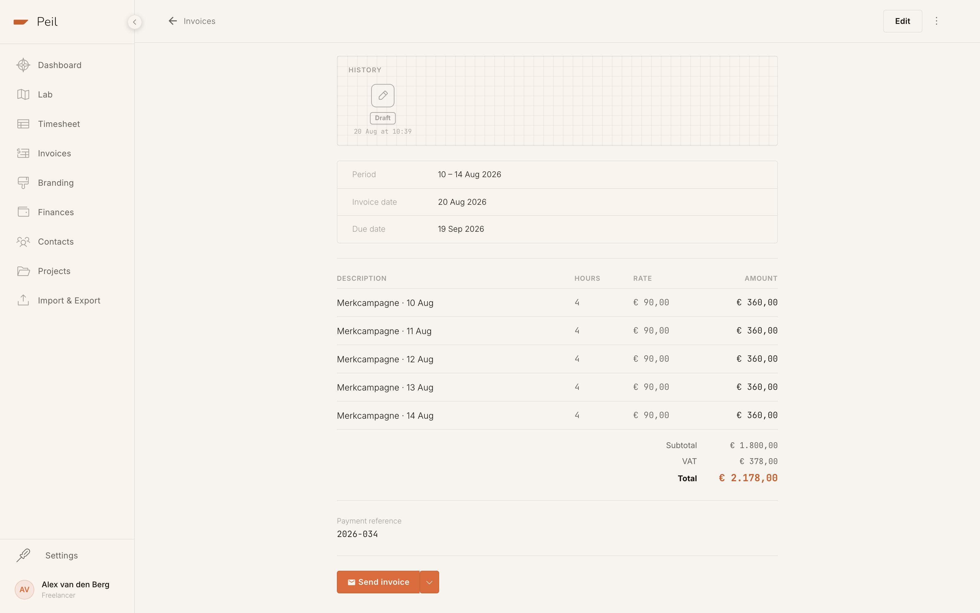 Invoice page with the 'Send invoice' button at the bottom.