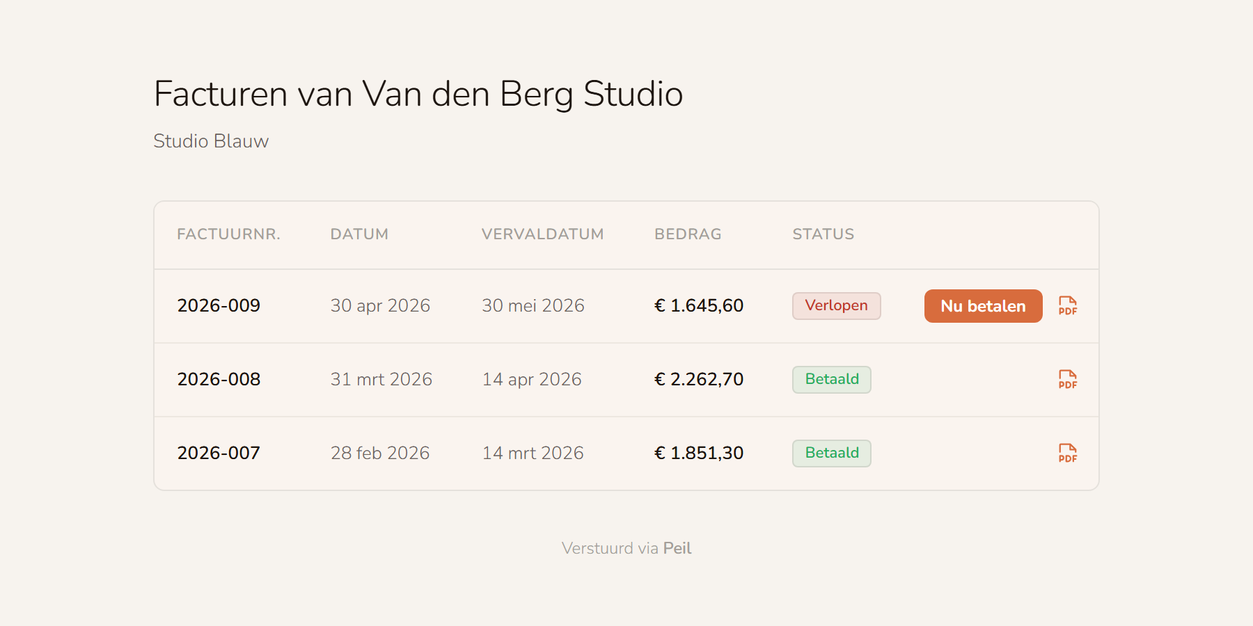 Het klantportaal: alle facturen aan één klant, met datum, vervaldatum, bedrag en status, een betaalknop bij de verlopen factuur en bij elke factuur de pdf.