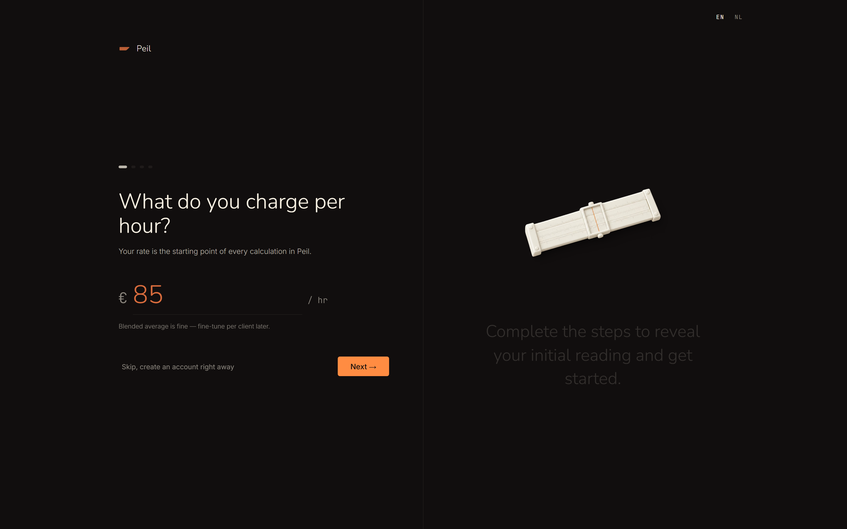 Onboarding's first question: what do you charge per hour? Filled in: €85 an hour.