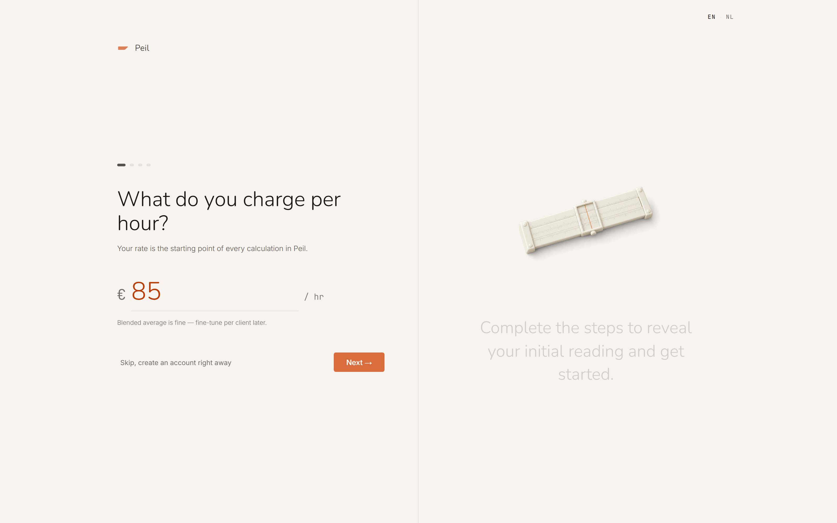 Onboarding's first question: what do you charge per hour? Filled in: €85 an hour.
