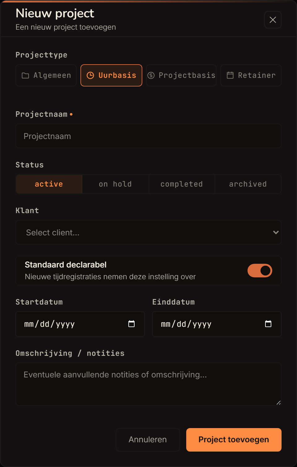 Het nieuw-project-formulier: type-selector met vier opties, projectnaam, status, klant, standaard declarabel, start- en einddatum.
