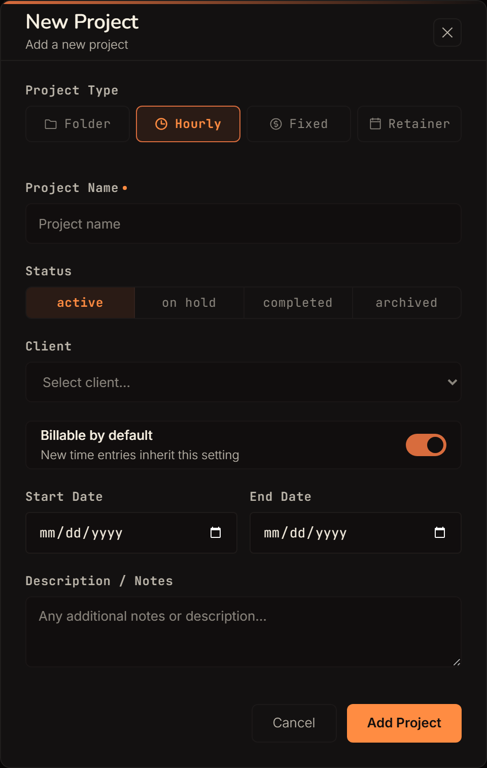 The new-project form: type selector with four options, project name, status, client, billable by default, start and end date.