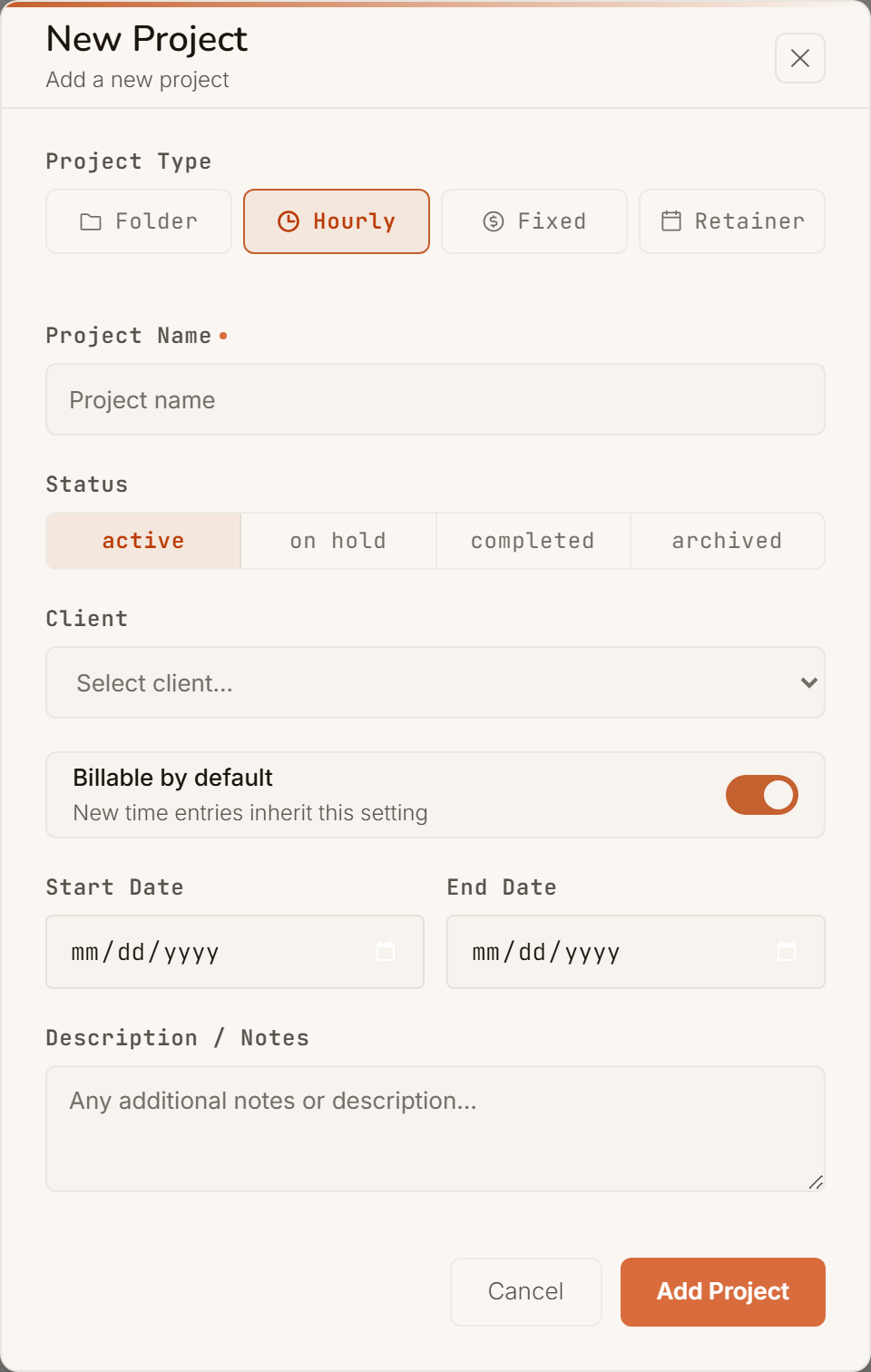 The form for a new project: the type selector with four options, project name, status, client, the billable-by-default switch and a start and end date.