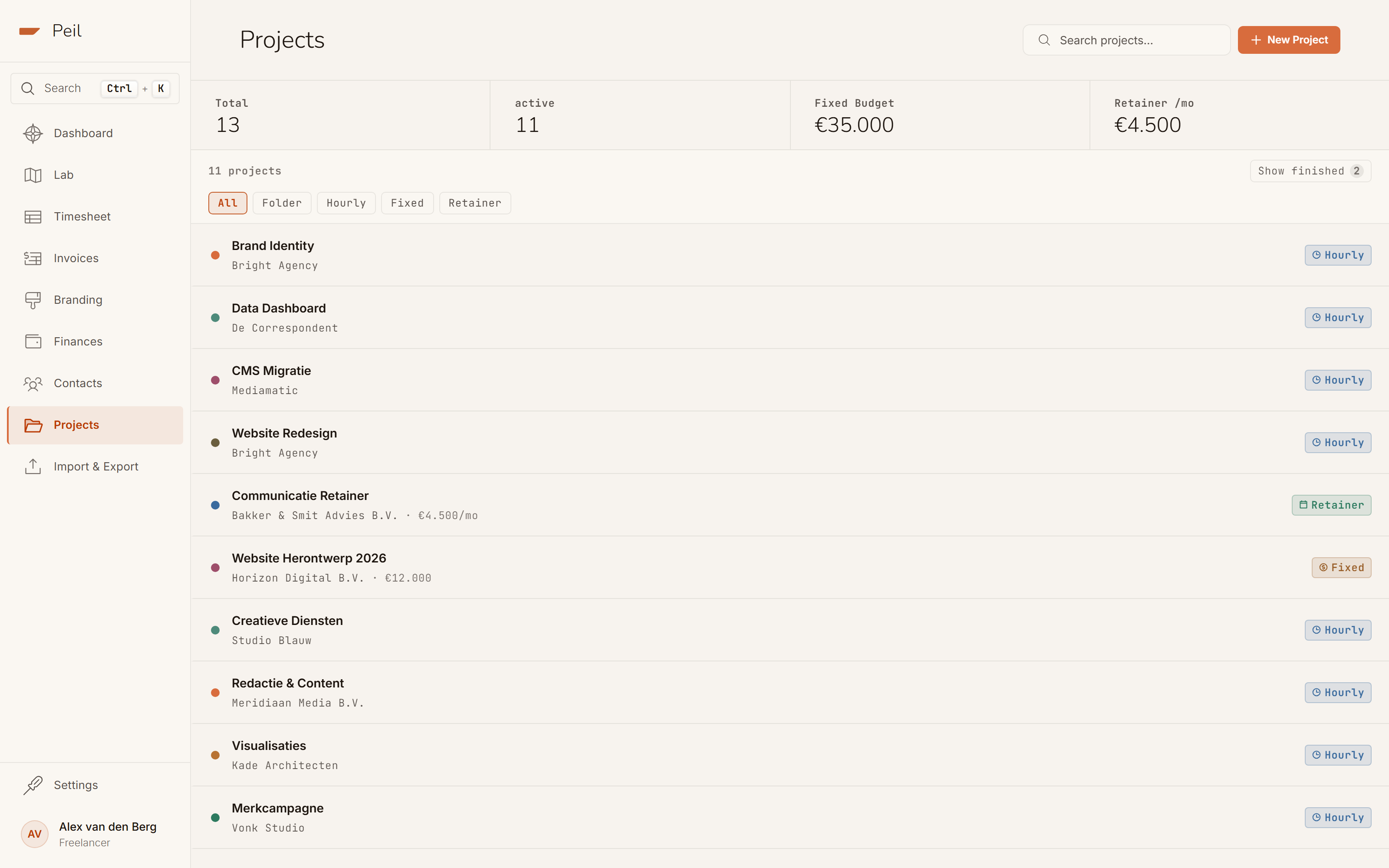 The project overview: projects with client name and type badge (retainer, fixed, hourly), filter pills per type and a bar with totals.