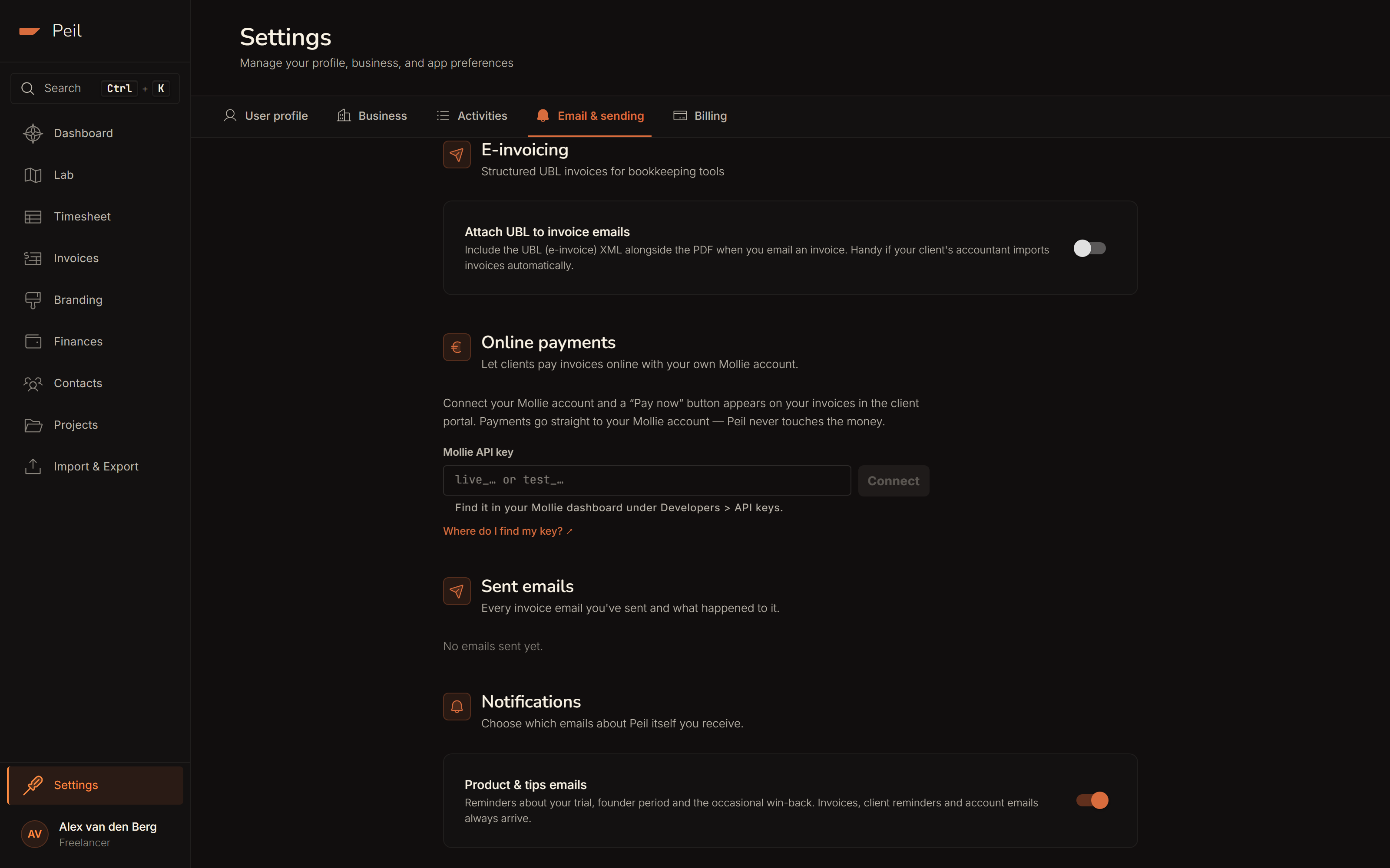 Settings → Online payments: a connected Mollie account in test mode, with an explanation that payments go straight to the freelancer's own account.