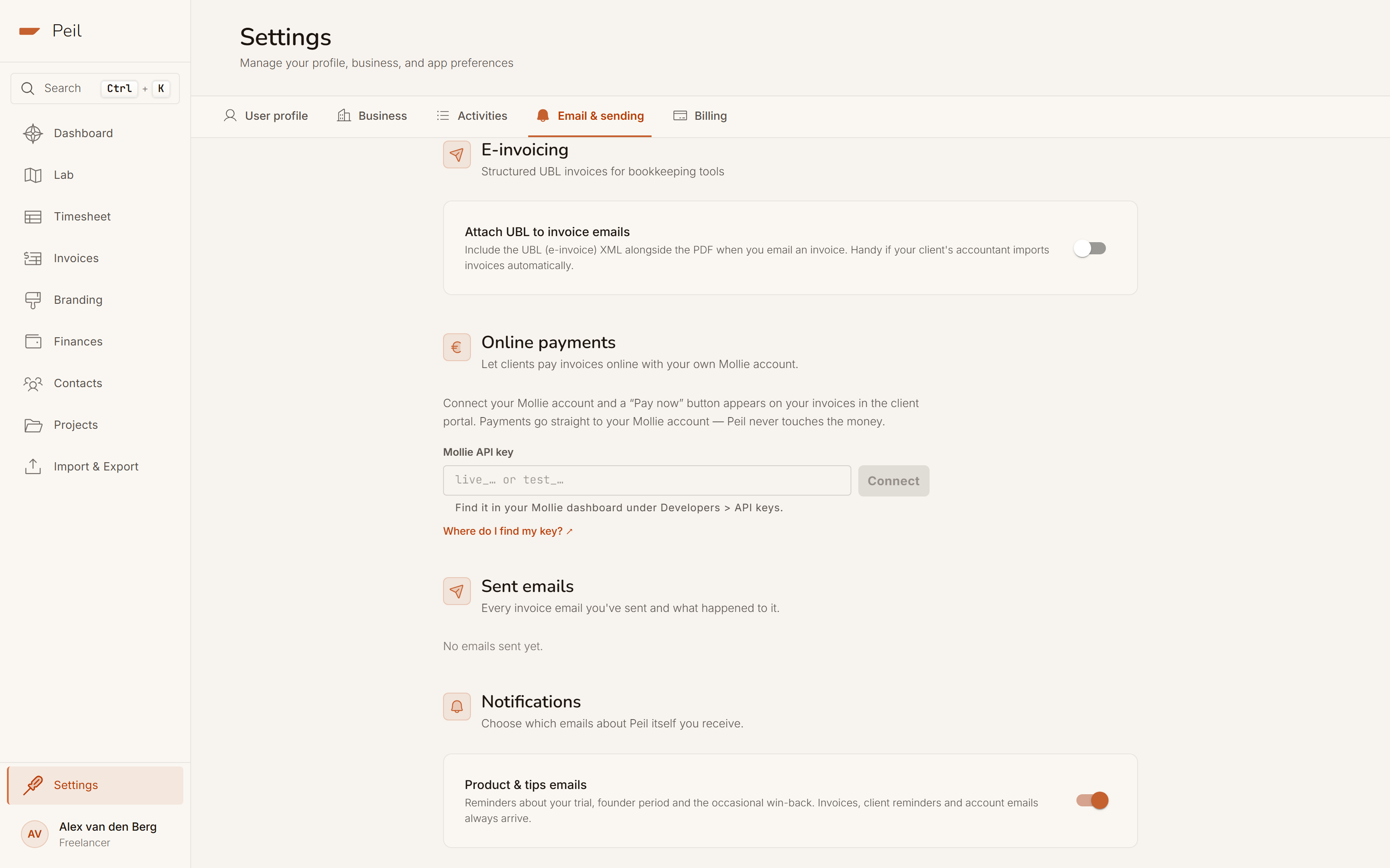 Settings → Online payments: a connected Mollie account in test mode, with an explanation that payments go straight to the freelancer's own account.
