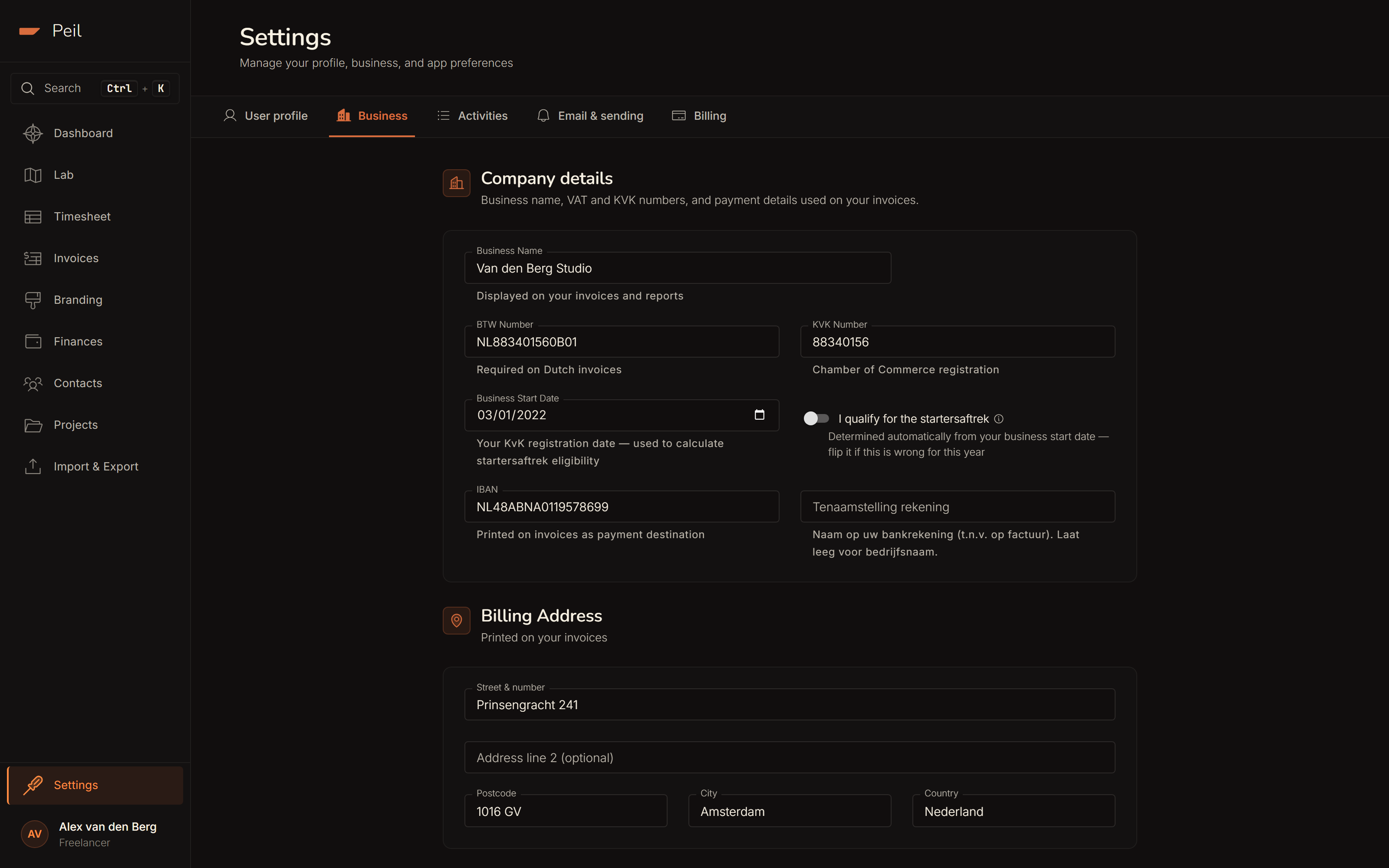 Settings → Business: company start date and the 'I qualify for the starter's deduction' toggle.