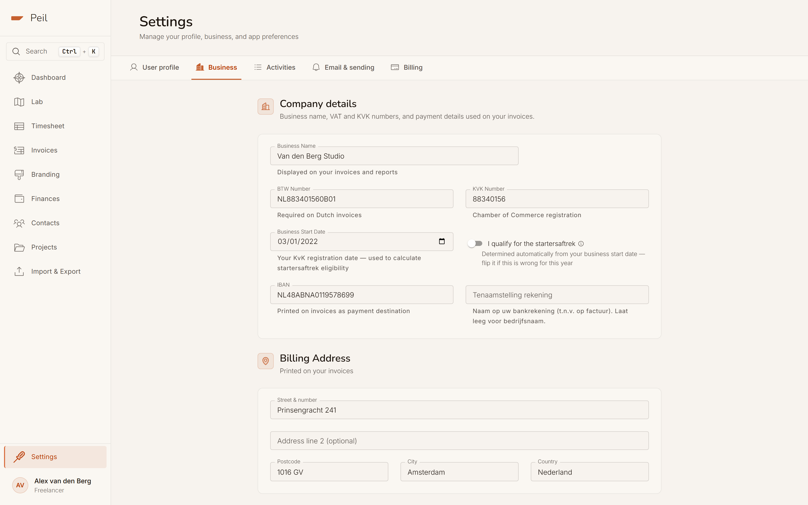 Settings → Business: company start date and the 'I qualify for the starter's deduction' toggle.