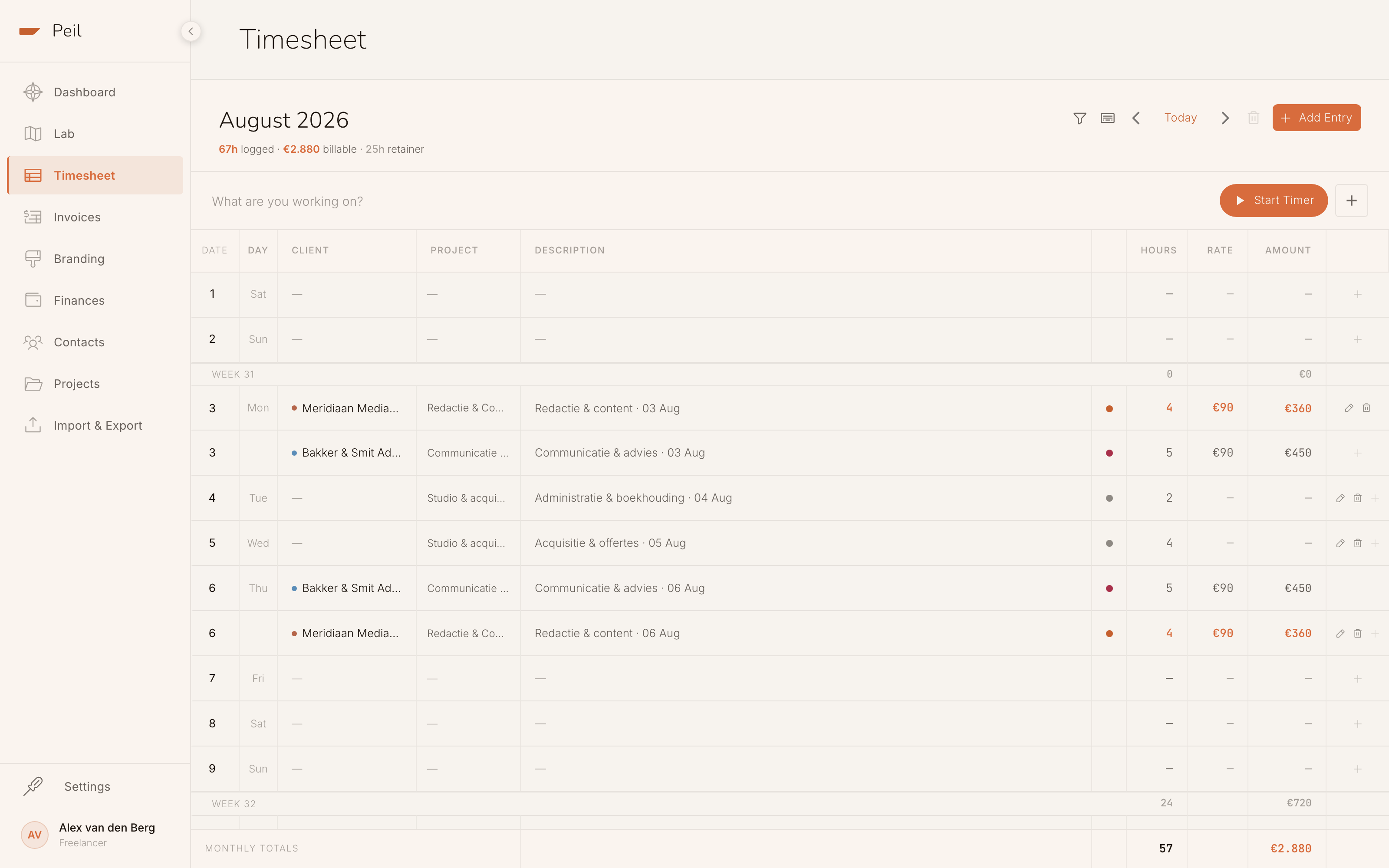 The timesheet: hours per day, grouped by week, with client, project, description and a status dot per row.