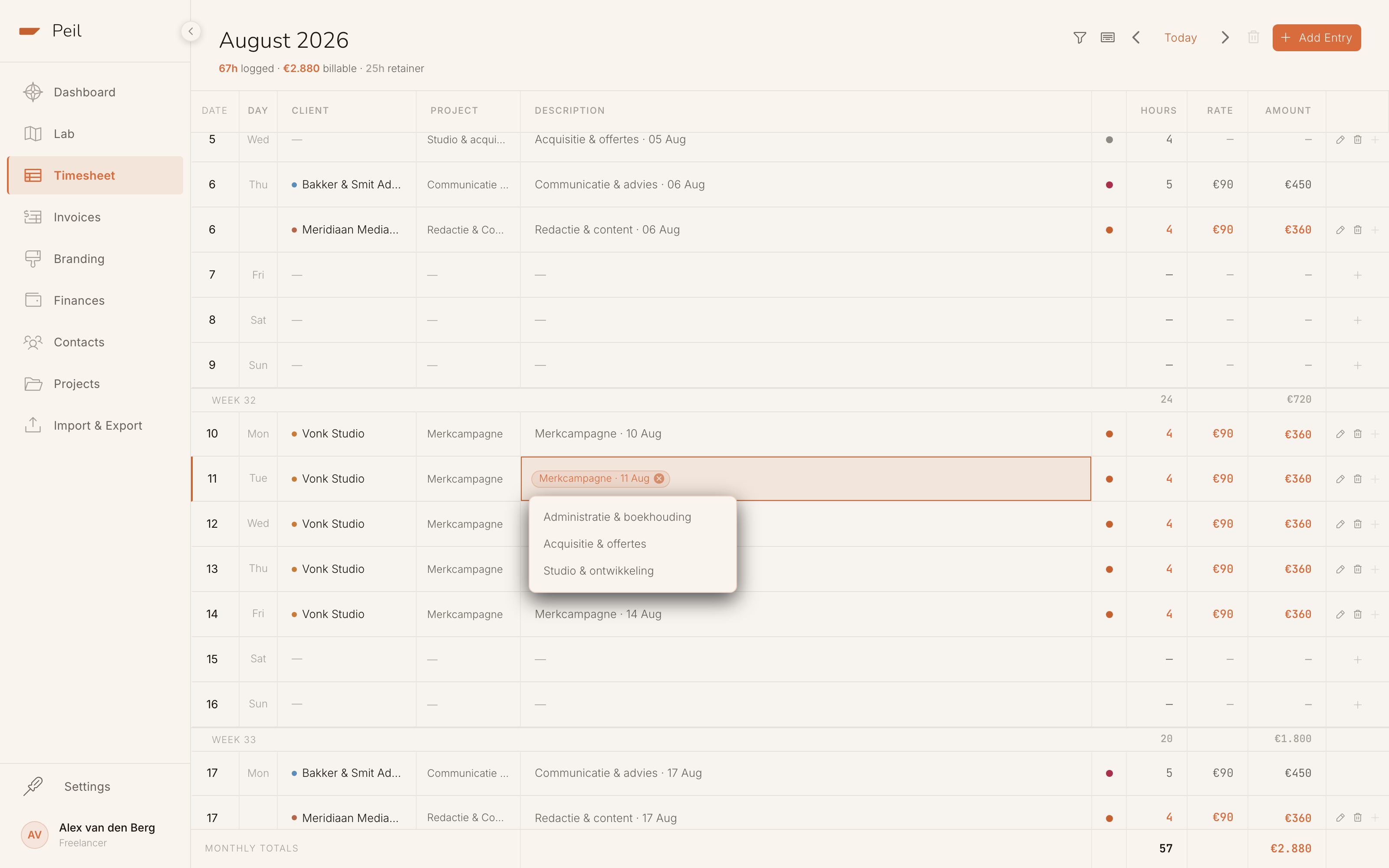 Inline editing of a time entry's description, directly in the table.