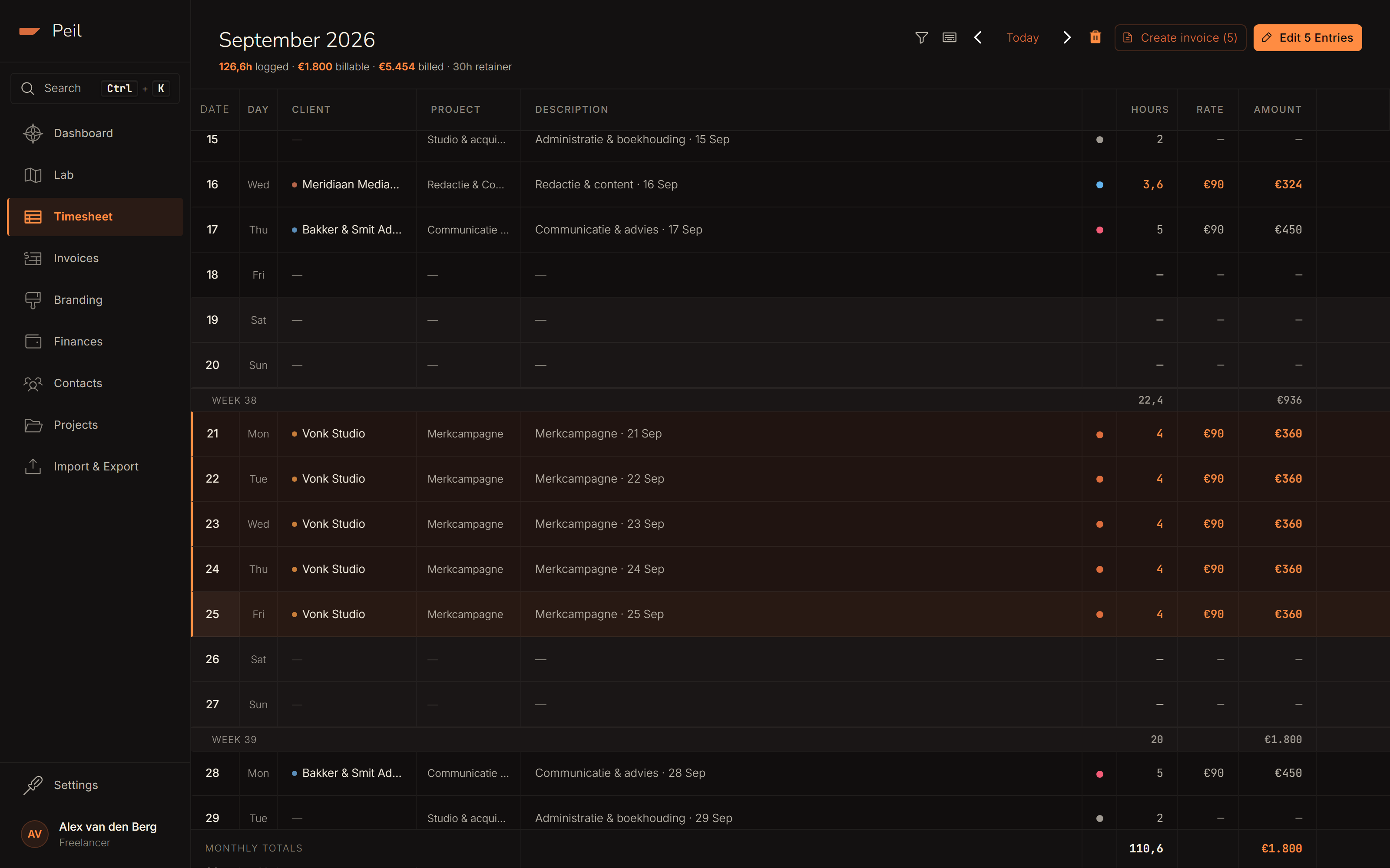 Five selected rows after Shift-click, with the buttons 'Create invoice (5)' and 'Edit 5 entries' at the top.