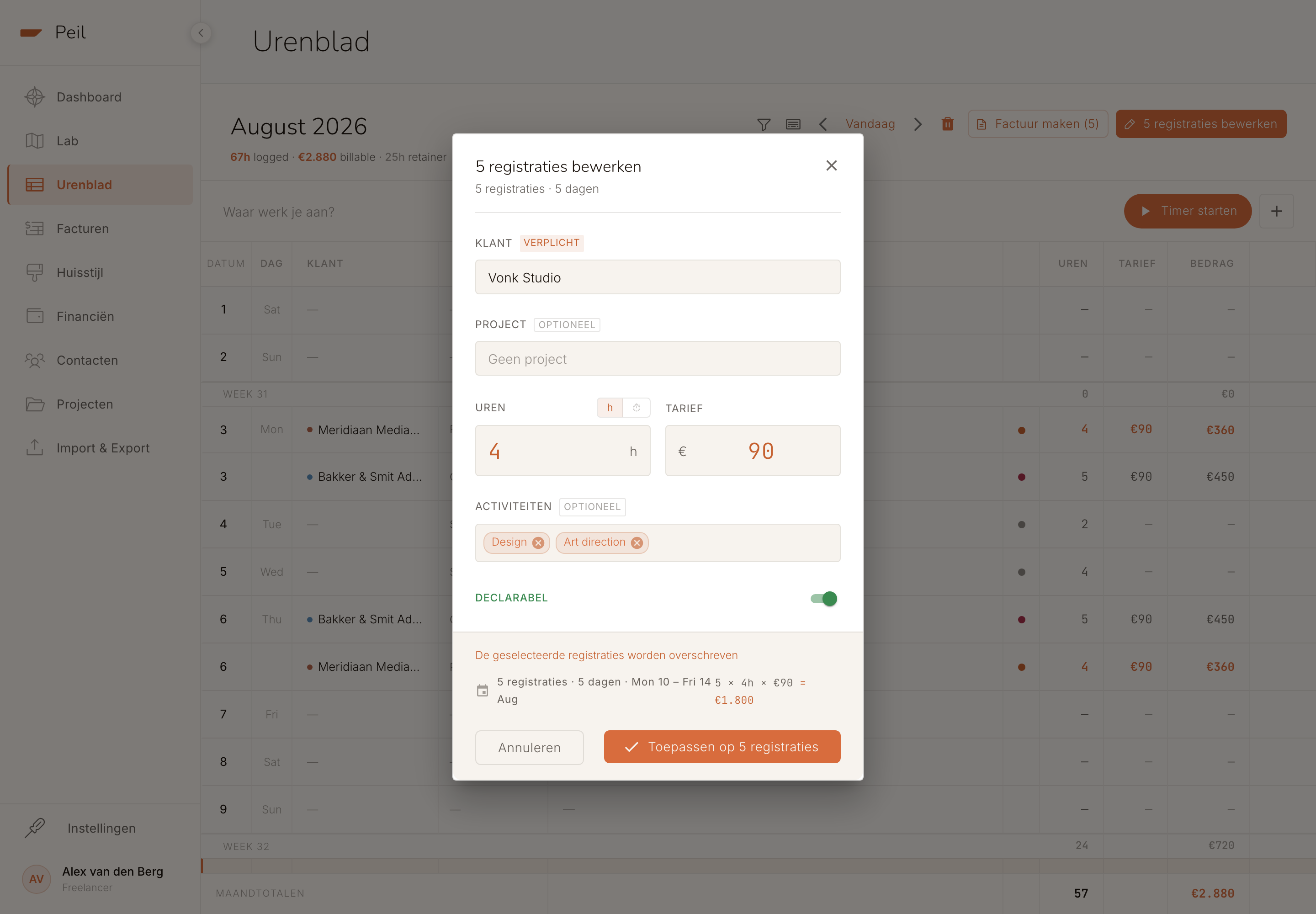Bulkbewerken-dialoog voor 5 registraties: klant, project, uren, tarief en declarabel-toggle, met een live berekening 5 x 4h x €90 = €1.800.