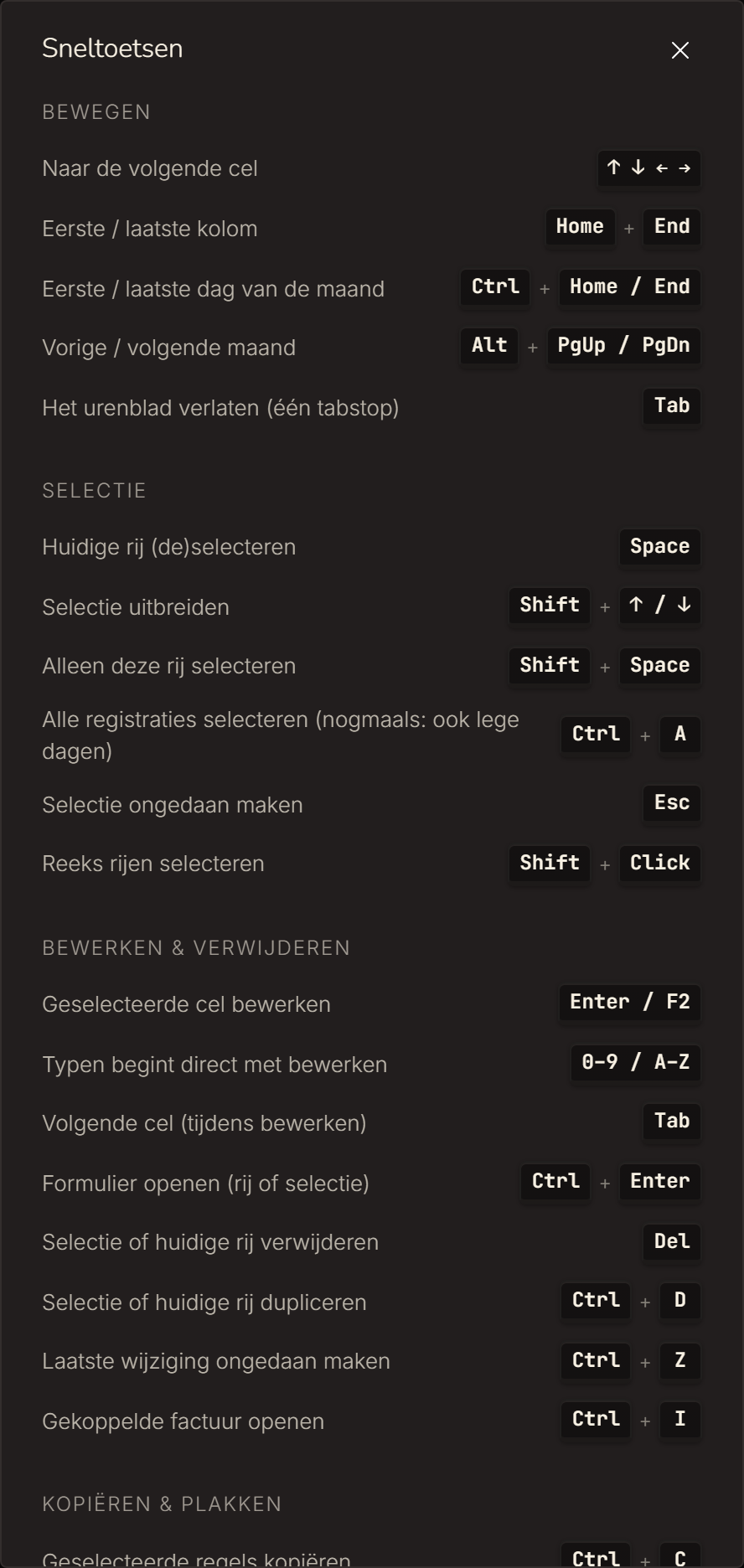Sneltoetsenoverzicht: Shift+Click voor reeks selecteren, Cmd/Ctrl+Click om toe te voegen of te verwijderen, Cmd/Ctrl+A voor alles selecteren, Esc om te wissen, Enter om te bewerken, Tab voor volgende cel, Delete om te verwijderen, Cmd/Ctrl+D om te dupliceren, Cmd/Ctrl+C en Cmd/Ctrl+V om te kopiëren en plakken.