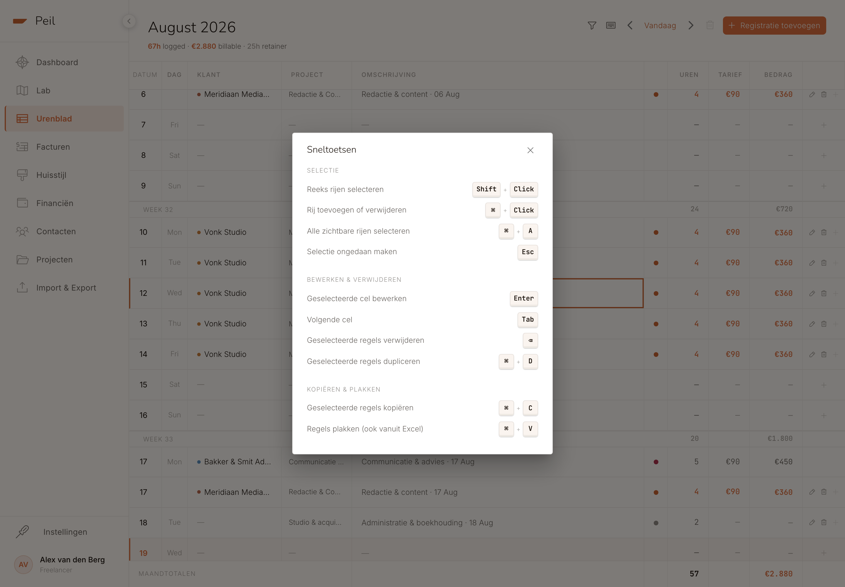 Sneltoetsenoverzicht: Shift+Click voor reeks selecteren, Cmd/Ctrl+Click om toe te voegen of te verwijderen, Cmd/Ctrl+A voor alles selecteren, Esc om te wissen, Enter om te bewerken, Tab voor volgende cel, Delete om te verwijderen, Cmd/Ctrl+D om te dupliceren, Cmd/Ctrl+C en Cmd/Ctrl+V om te kopiëren en plakken.